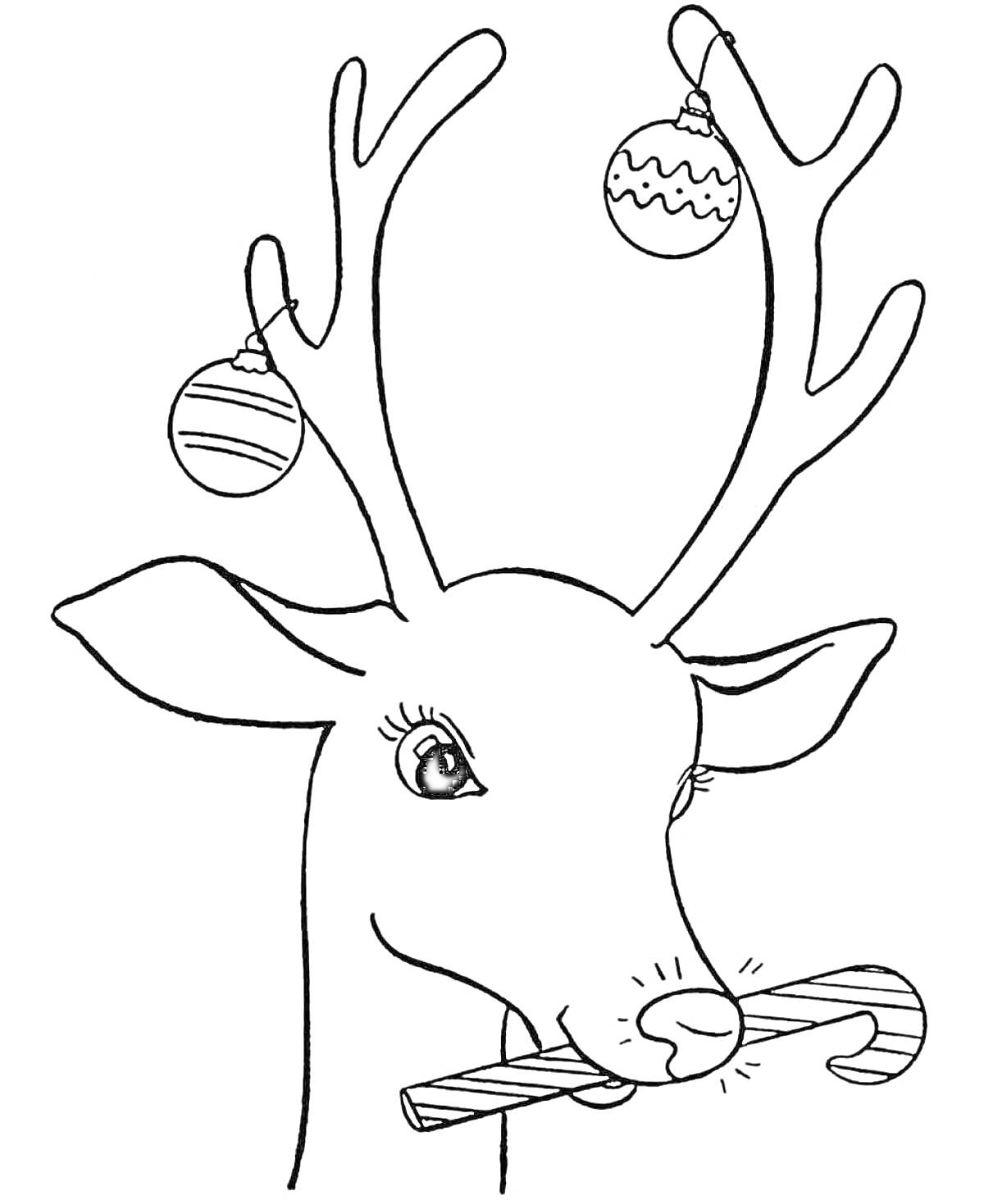 Раскраска новогодний олень с елочными шарами на рогах и леденцом в зубах