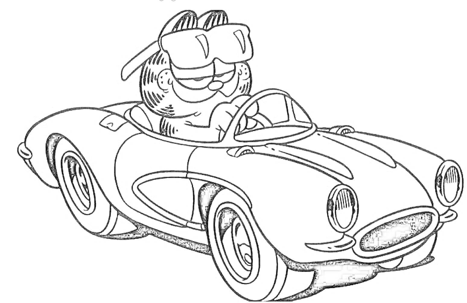 На раскраске изображено: Кот, Спортивная машина, Солнцезащитные очки, Транспорт, Юмор, Отдых, Авто