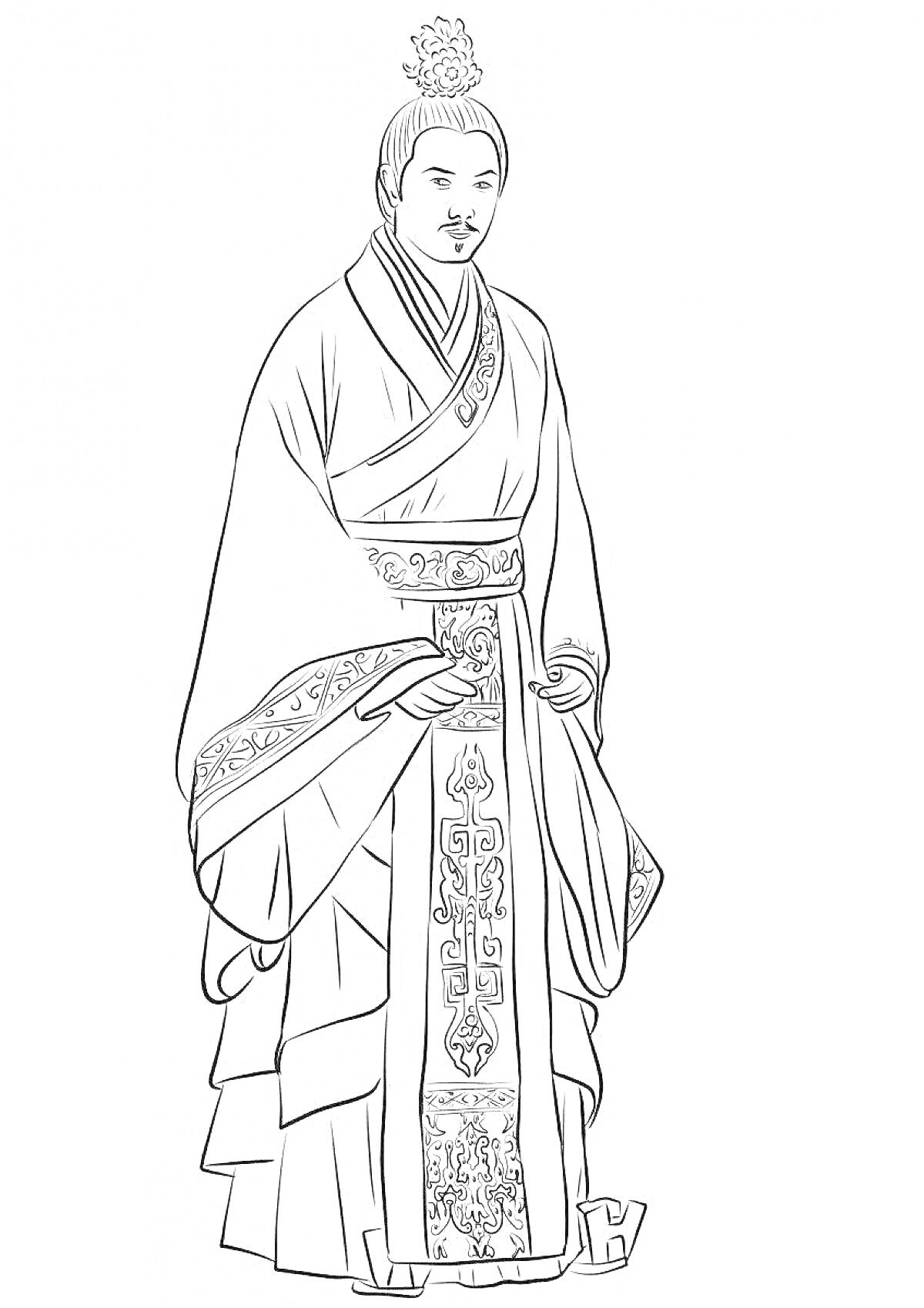 На раскраске изображено: Китай, Традиционная одежда, Мужчина, Костюм, Головное украшение
