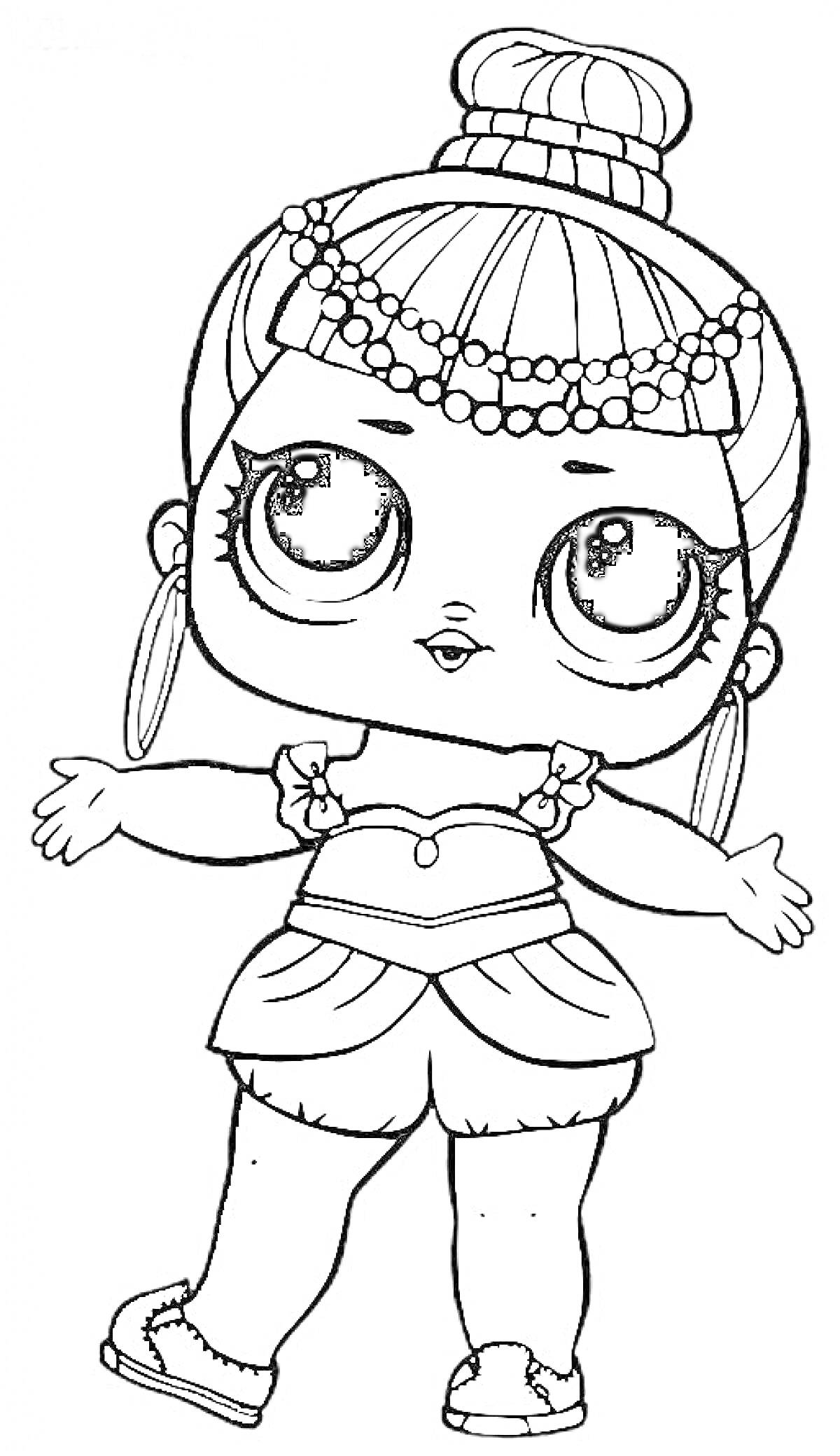 Раскраска Кукла Лол с собранными волосами в пучок, серьгами, бусами на лбу, топом с короткими рукавами и шортами с ремнём