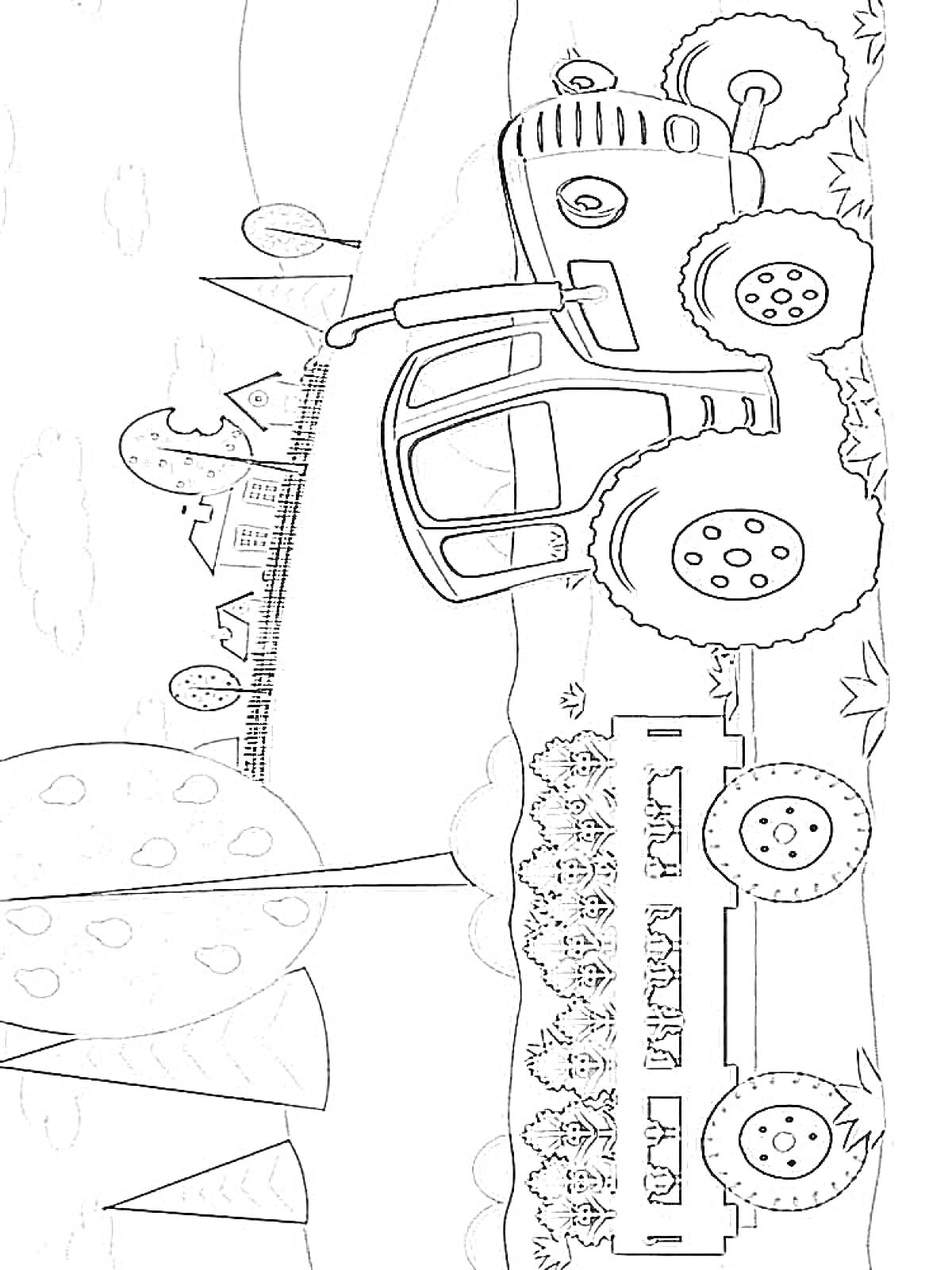 Раскраска Трактор везет тележку с животными, деревья, облака, дом на заднем плане