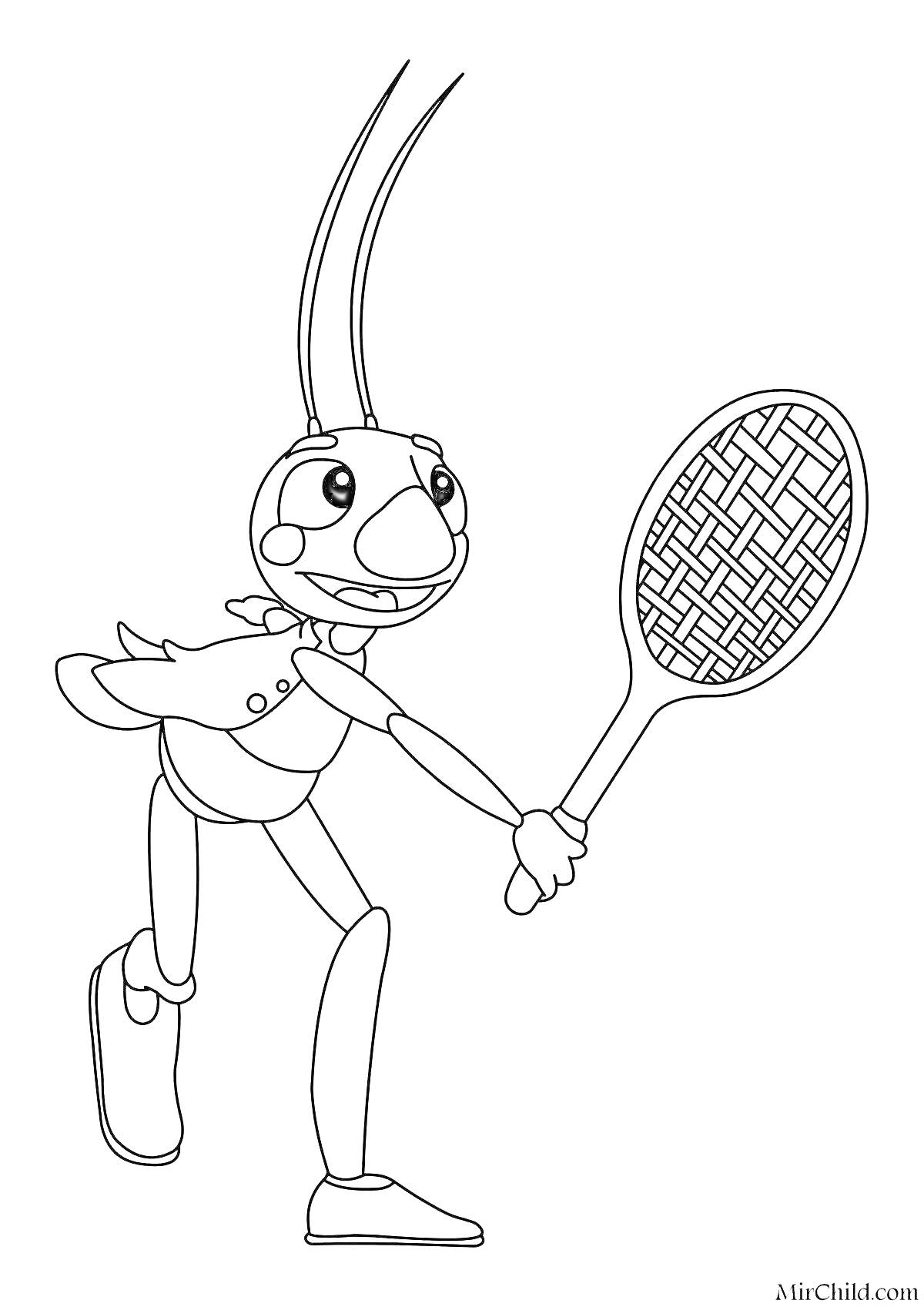 На раскраске изображено: Кузя, Насекомое, Теннис, Ракетка, Спорт, Для детей, Мультипликационный персонаж
