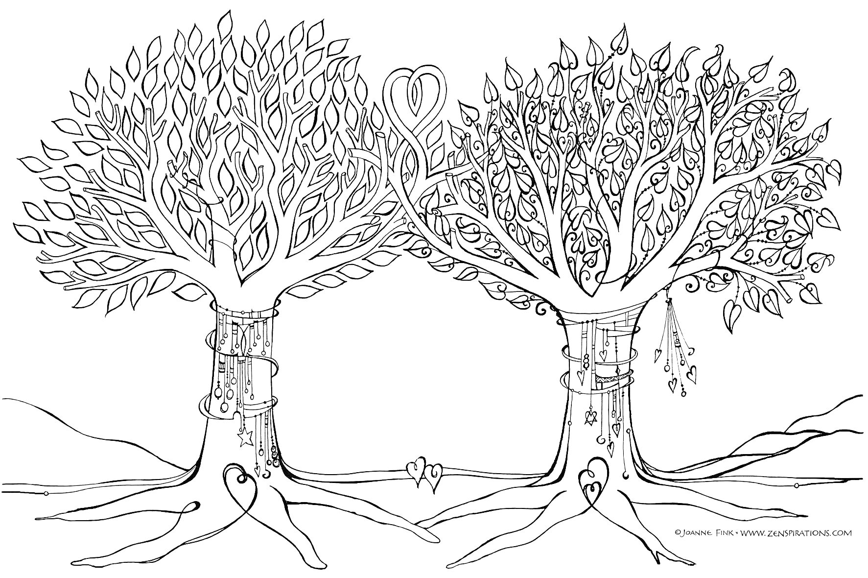 Раскраска Древо родословное с двумя деревьями, сердце из ветвей, сердечки на корнях, ленты и ленточки вокруг стволов, листья