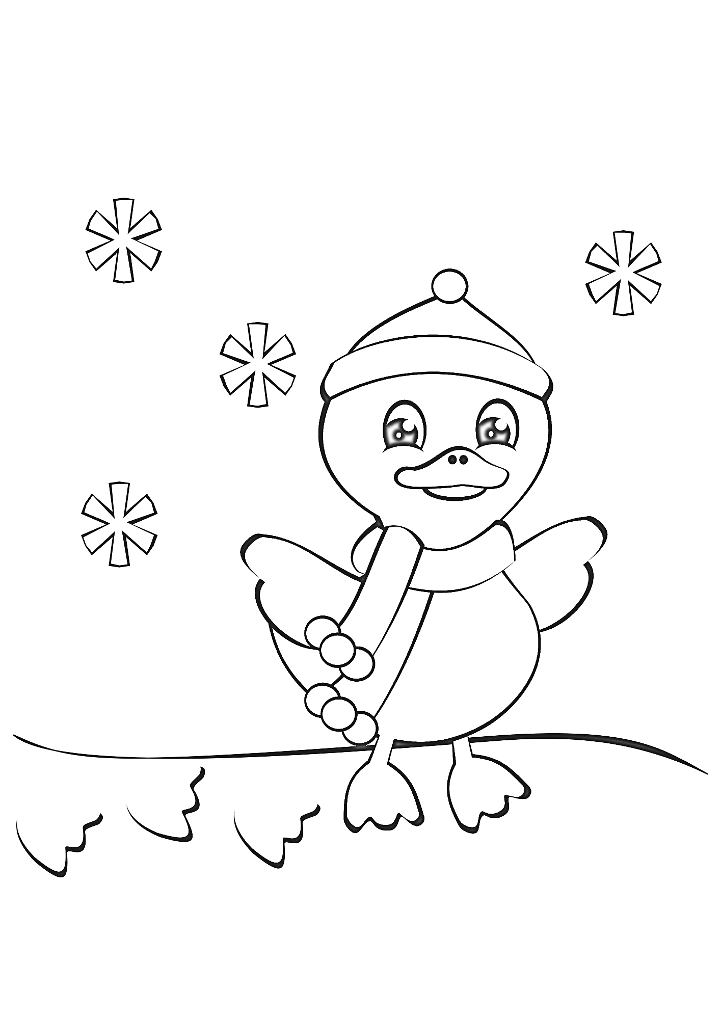 Раскраска Утёнок в шапке и шарфе на снегу с падающими снежинками