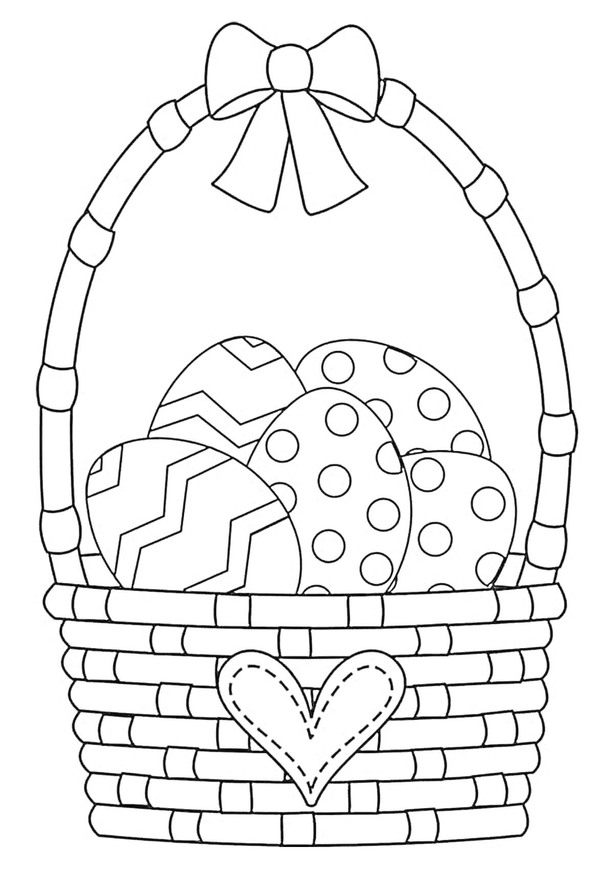 Раскраска Плетеная корзина с пятнистыми, полосатыми и зигзагообразными пасхальными яйцами и бантом
