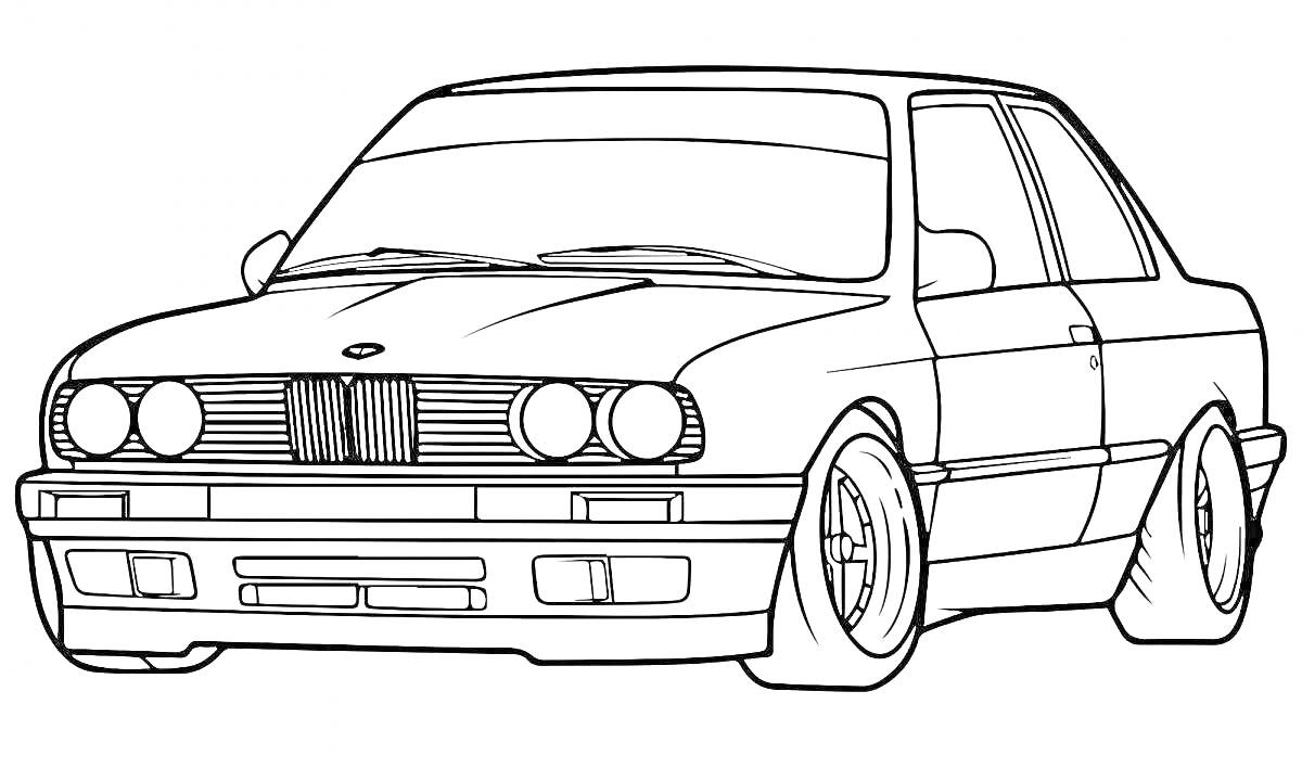 Раскраска BMW E30 с пятиспицевыми дисками, передним бампером и боковыми зеркалами