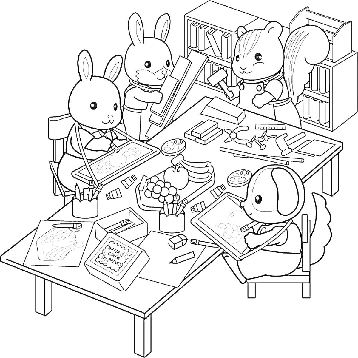 На раскраске изображено: Животные, Стол, Фрукты, Карандаши