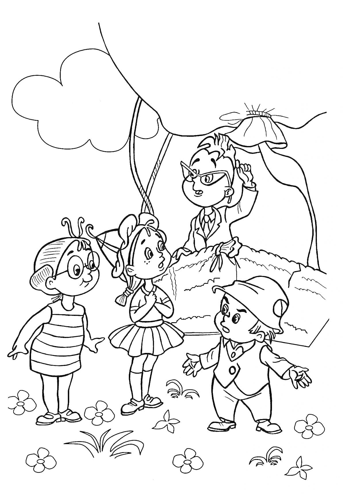Раскраска Детские персонажи разговаривают с передвижной лавкой, летающий механический транспорт, цветы и трава на переднем плане