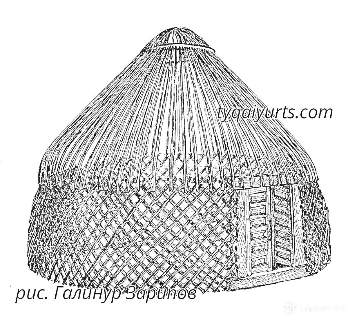 Раскраска Башкирская юрта с деревянным каркасом и входной дверью