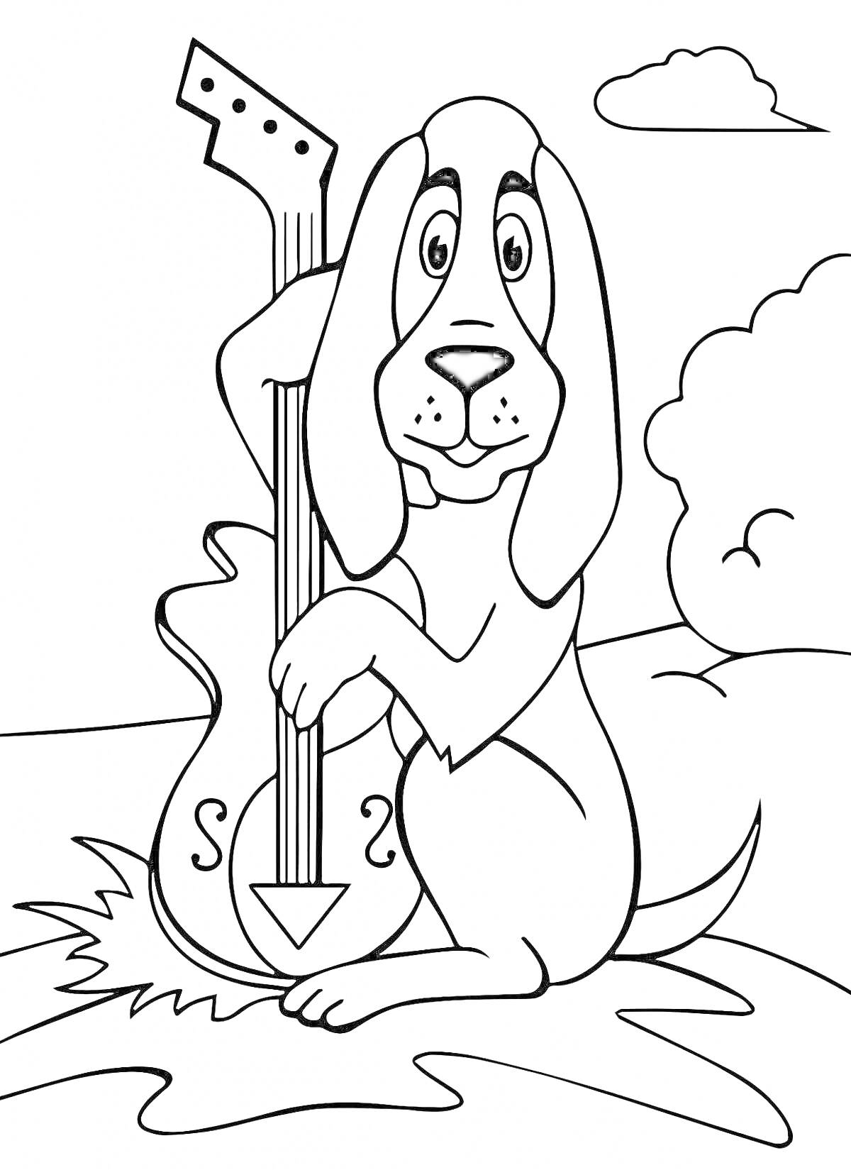 На раскраске изображено: Бременские музыканты, Гитара, Собака, Природа, Музыкальные инструменты