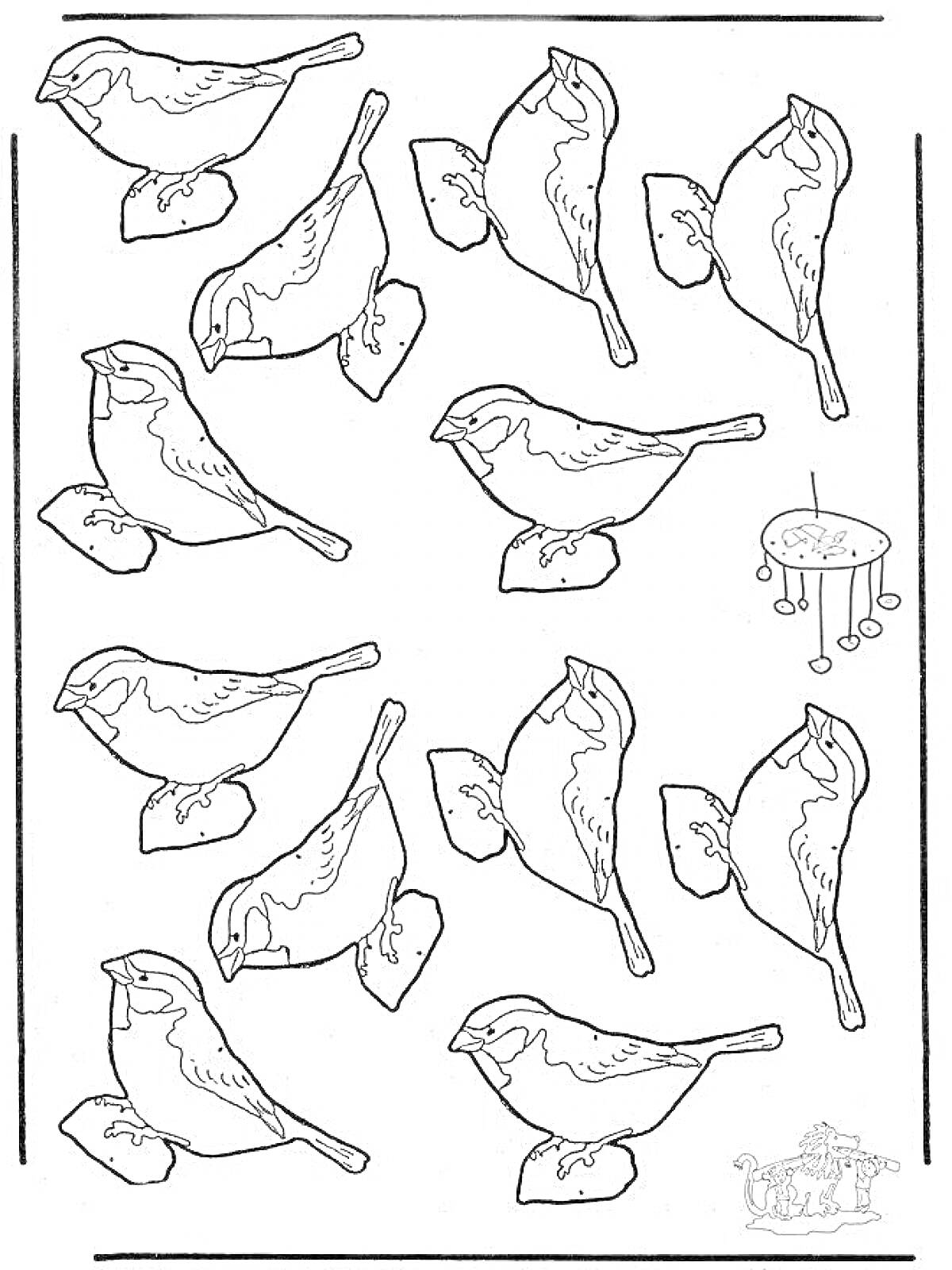 Раскраска Птицы на ветках, 12 птиц на ветках, кормушка