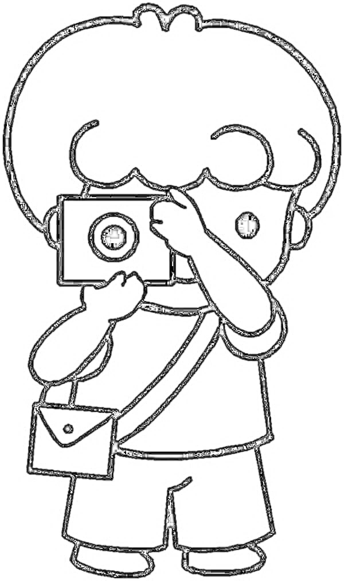 Раскраска Ребенок-фотограф с фотоаппаратом и сумкой через плечо