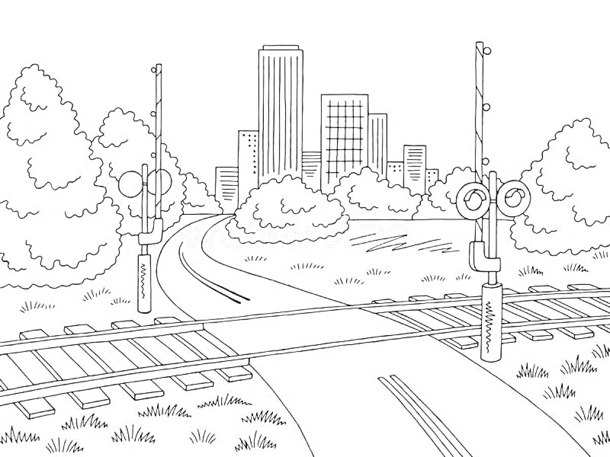 На раскраске изображено: Железнодорожный переезд, Шлагбаум, Железная дорога, Здания, Деревья