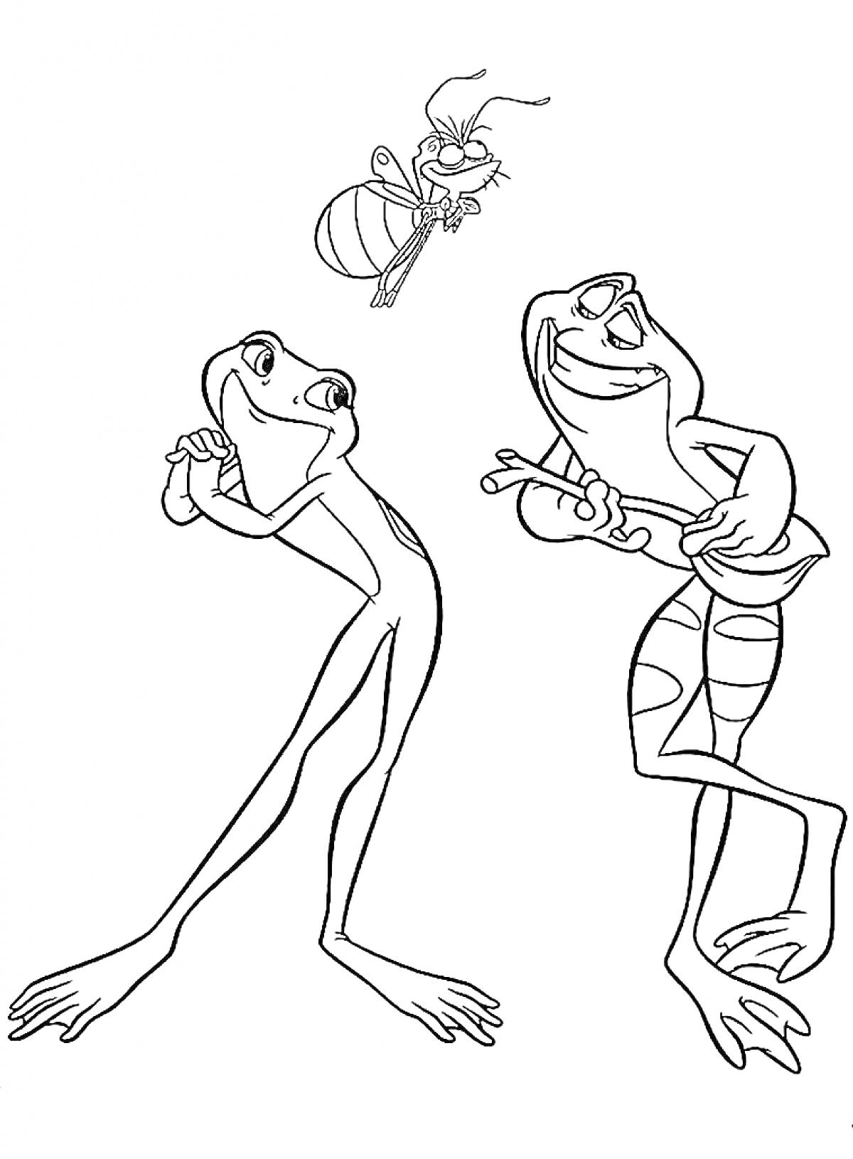 Раскраска Две лягушки, держащие музыкальные инструменты, и светлячок