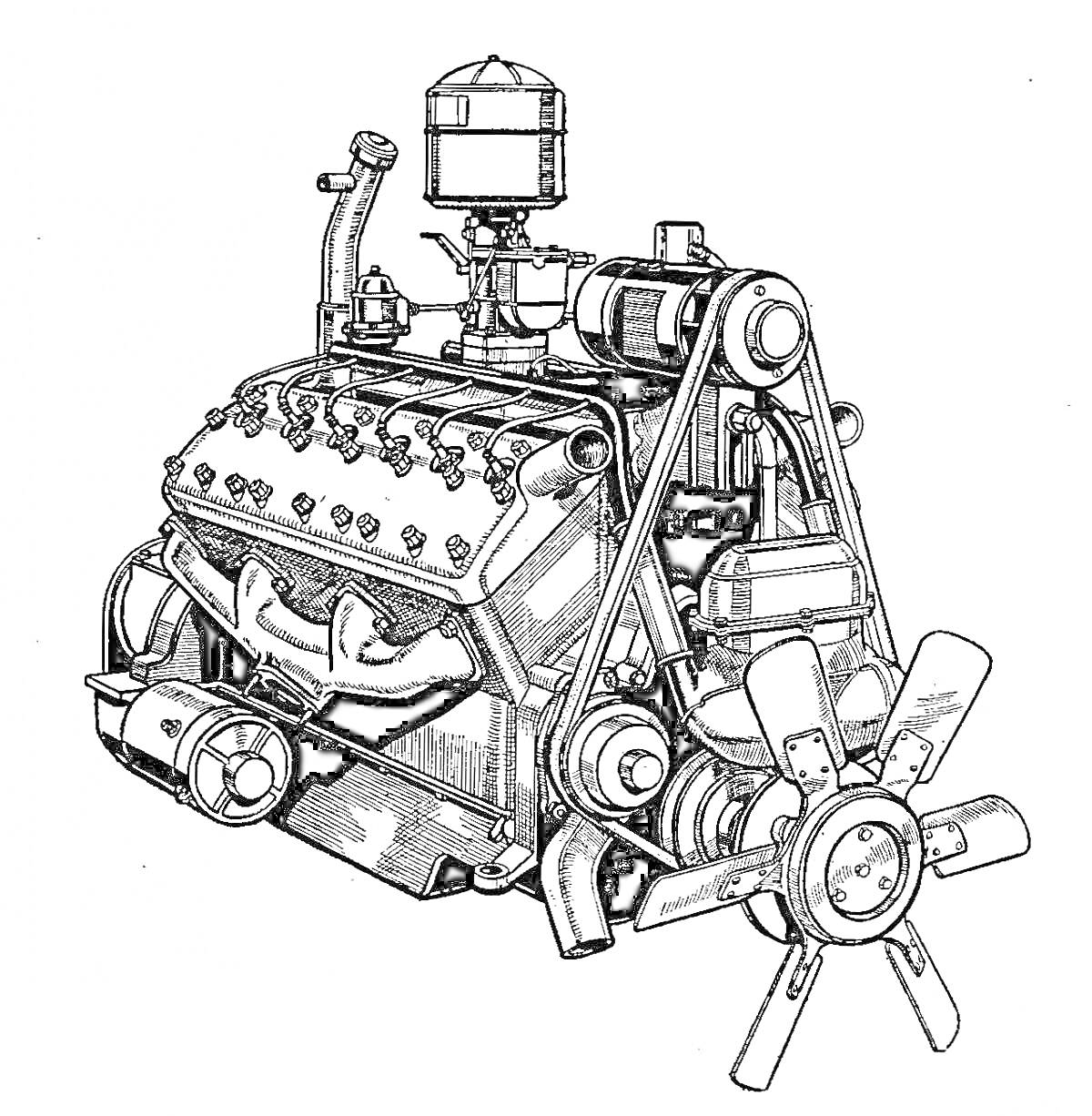 Двигатель внутреннего сгорания с вентилятором, ремнем, свечами зажигания и бензонасосом