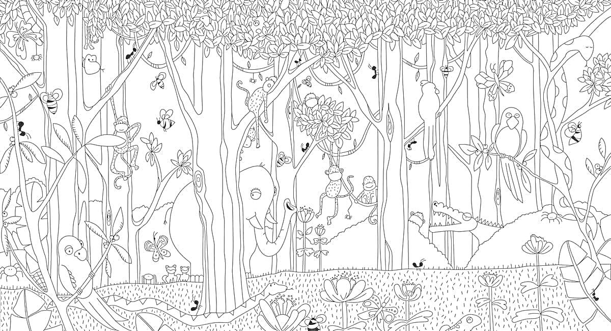 Раскраска Лесная сцена с животными, деревьями, цветами и насекомыми