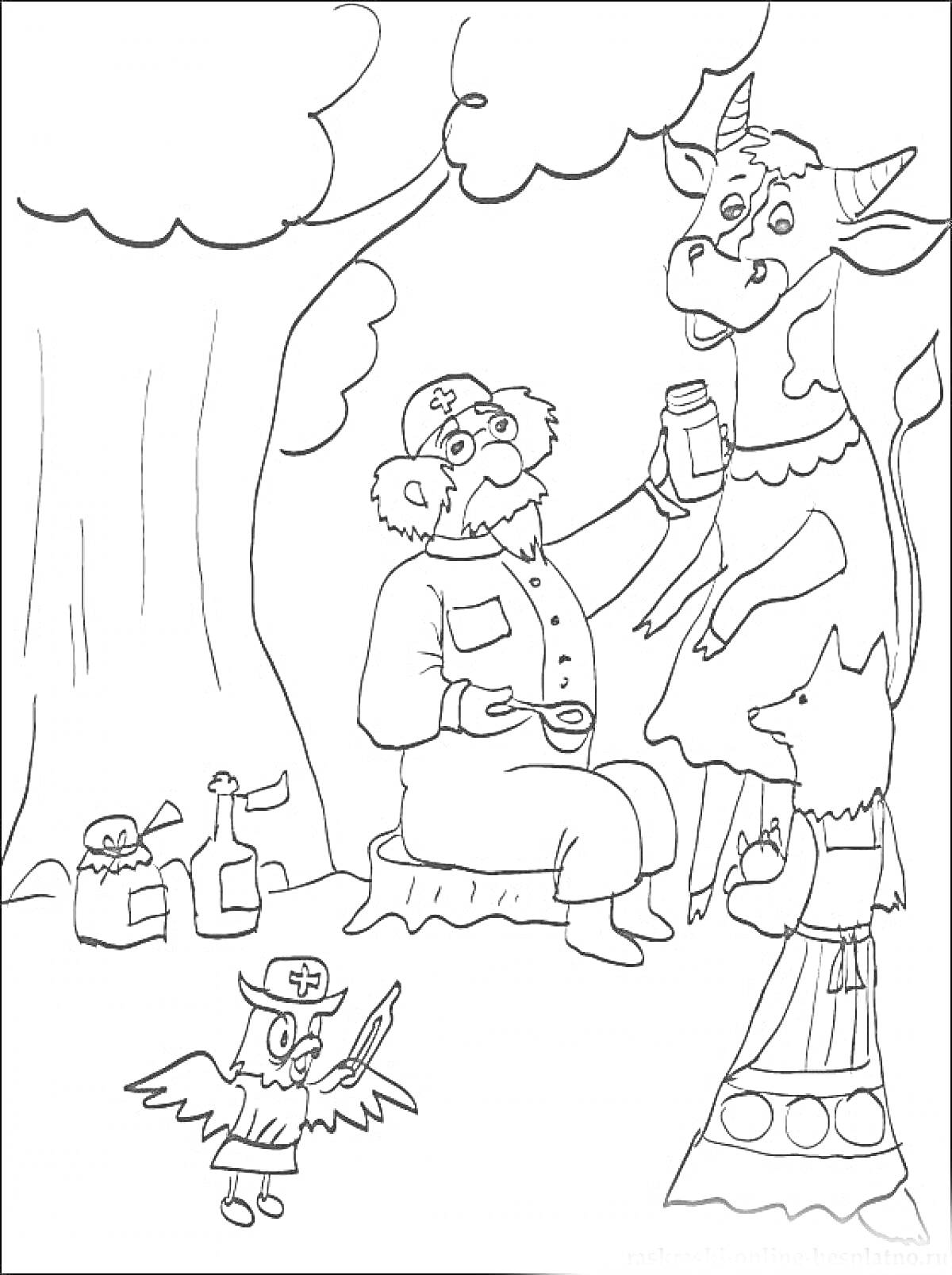 Раскраска Доктор Айболит лечит корову с помощью помощников-сова и лиса, под деревом