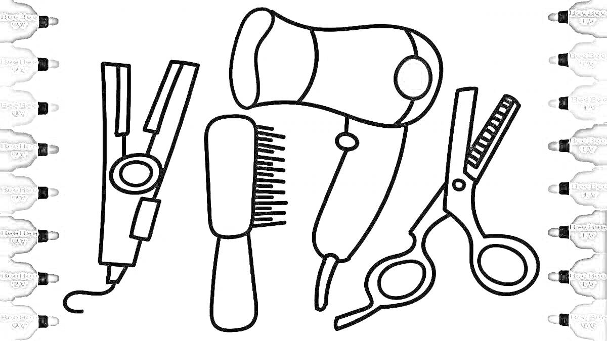 Раскраска Парикмахерские инструменты: утюжок для волос, расческа, фен, ножницы