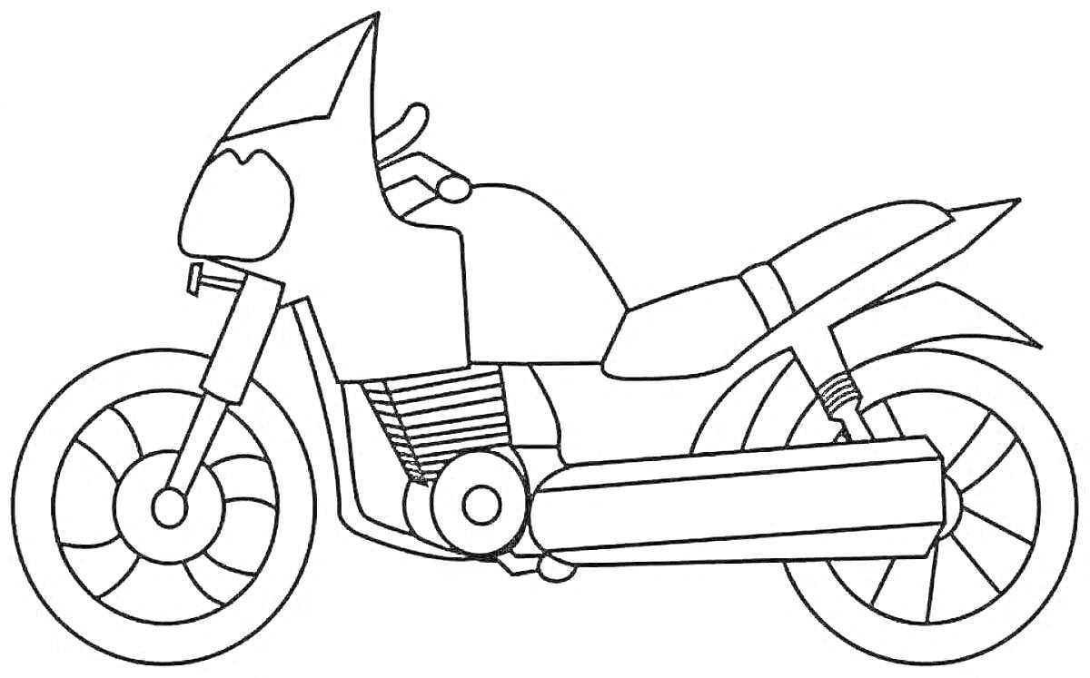 На раскраске изображено: Мотоцикл, Транспорт, Колёса, Мотор, Байк, Для мальчиков, Легкие
