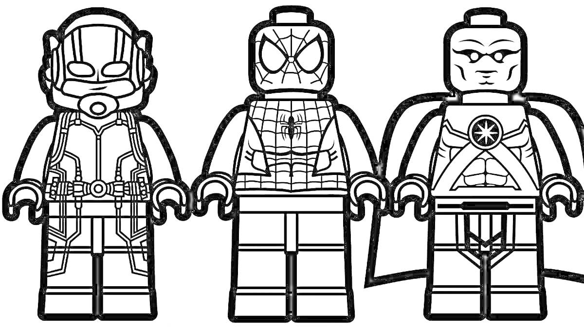 На раскраске изображено: Человек-Паук, Человек-муравей, Доктор стрэндж, Супергерои, Лего, Для детей