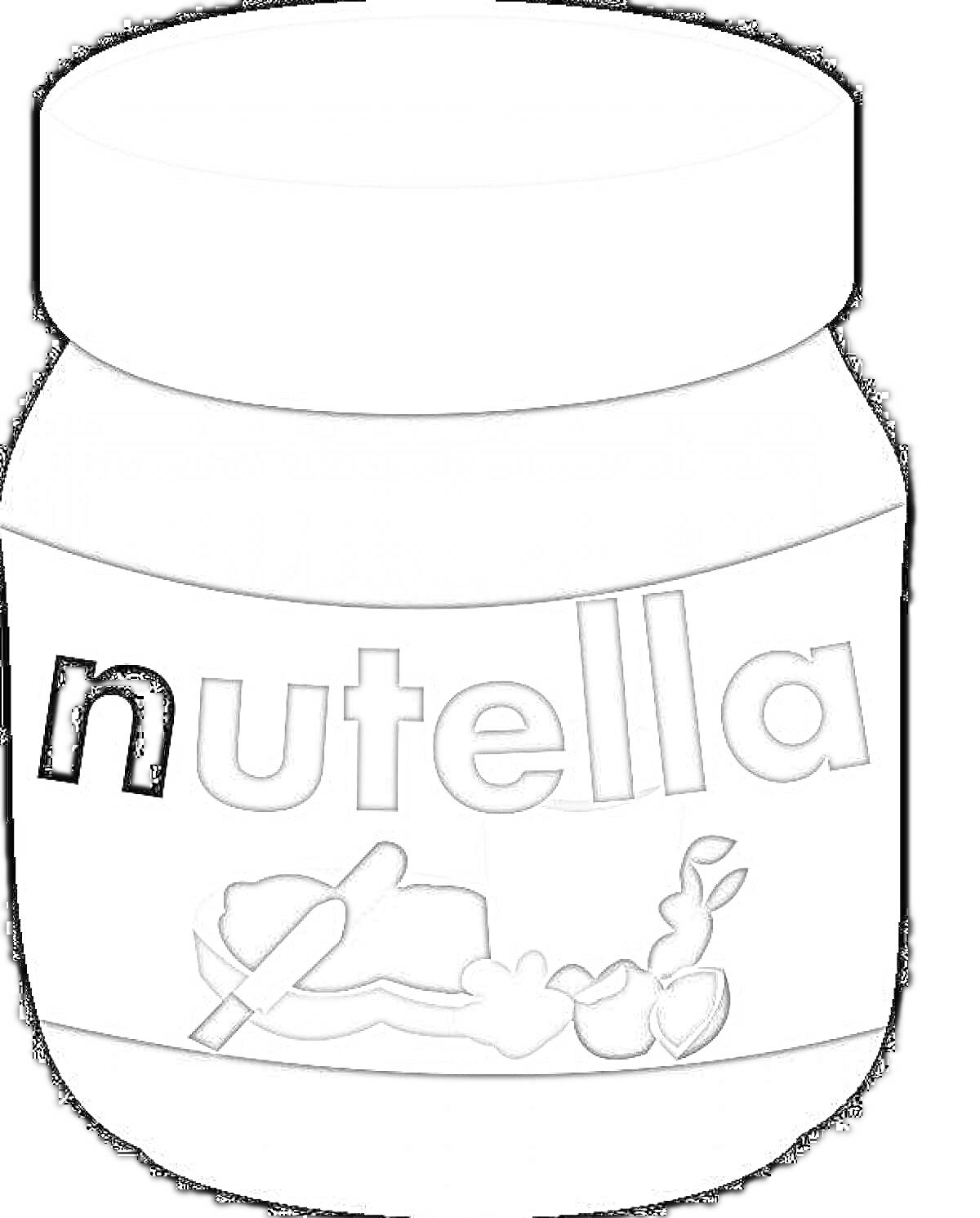 Раскраска Банка Нутелла с логотипом и изображением хлеба с намазанной пастой и орехами на этикетке