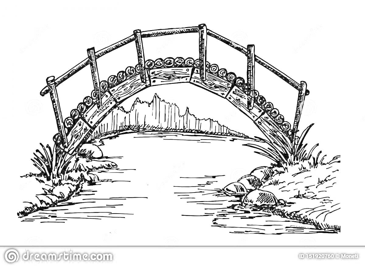 Раскраска Мост через реку с перилами на фоне деревьев и кустарников