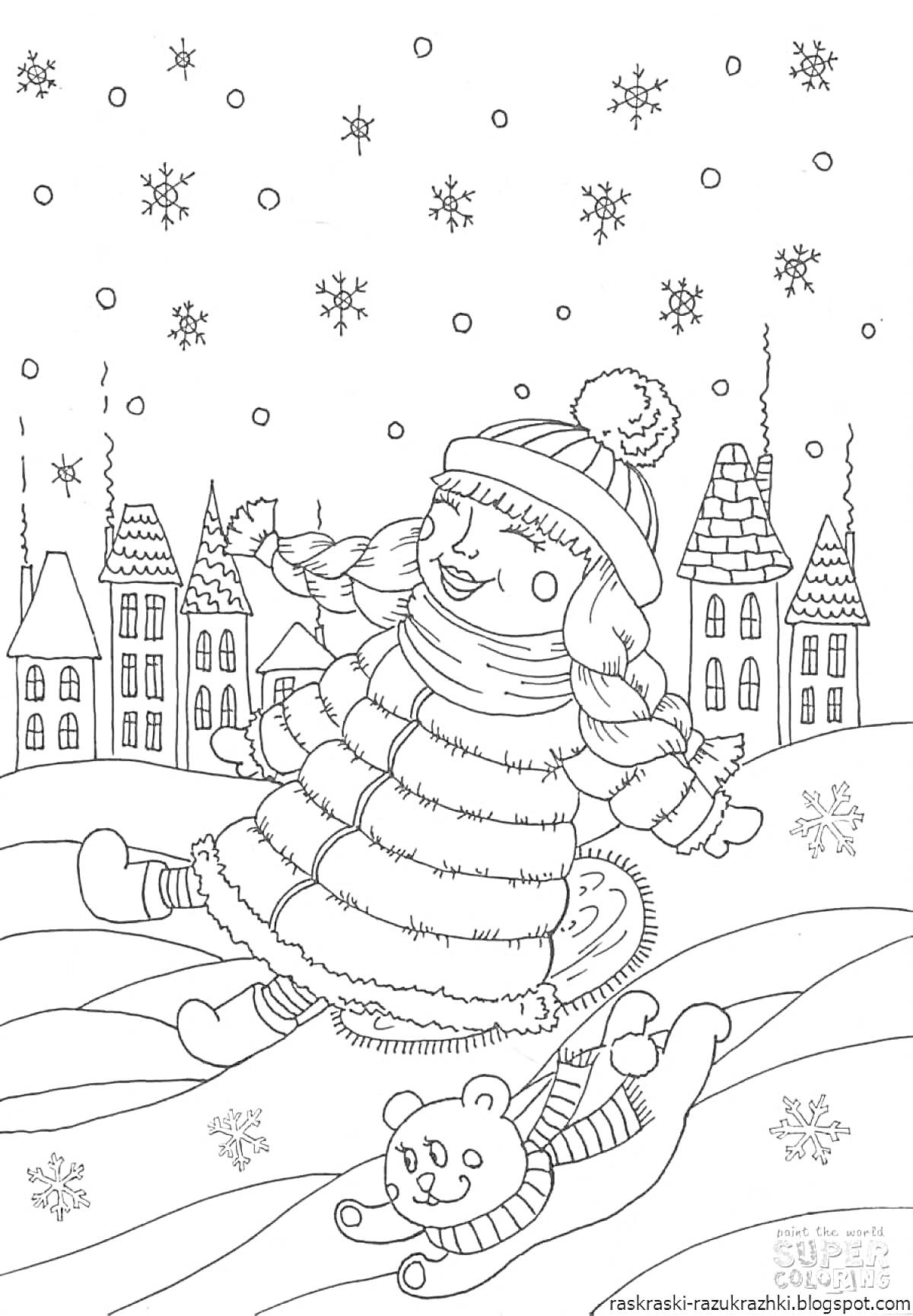 Раскраска Девочка в зимней одежде катается на санках с мягкой игрушкой на фоне зимнего городка