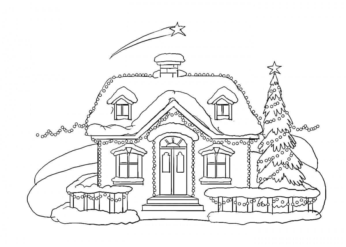 Раскраска Дом Деда Мороза с елкой и падающей звездой