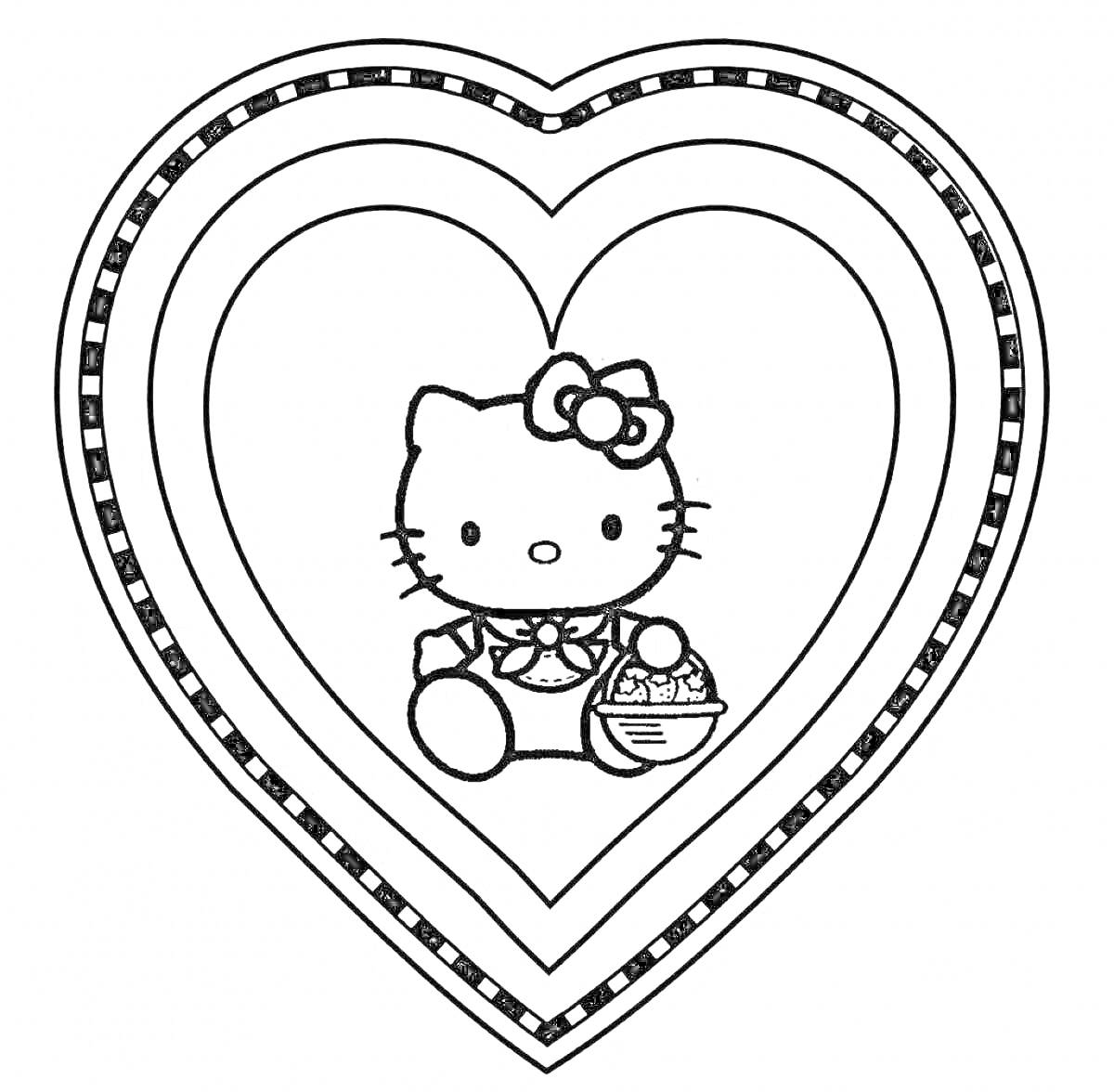 Раскраска Кошечка с бантиком и корзинкой внутри сердца