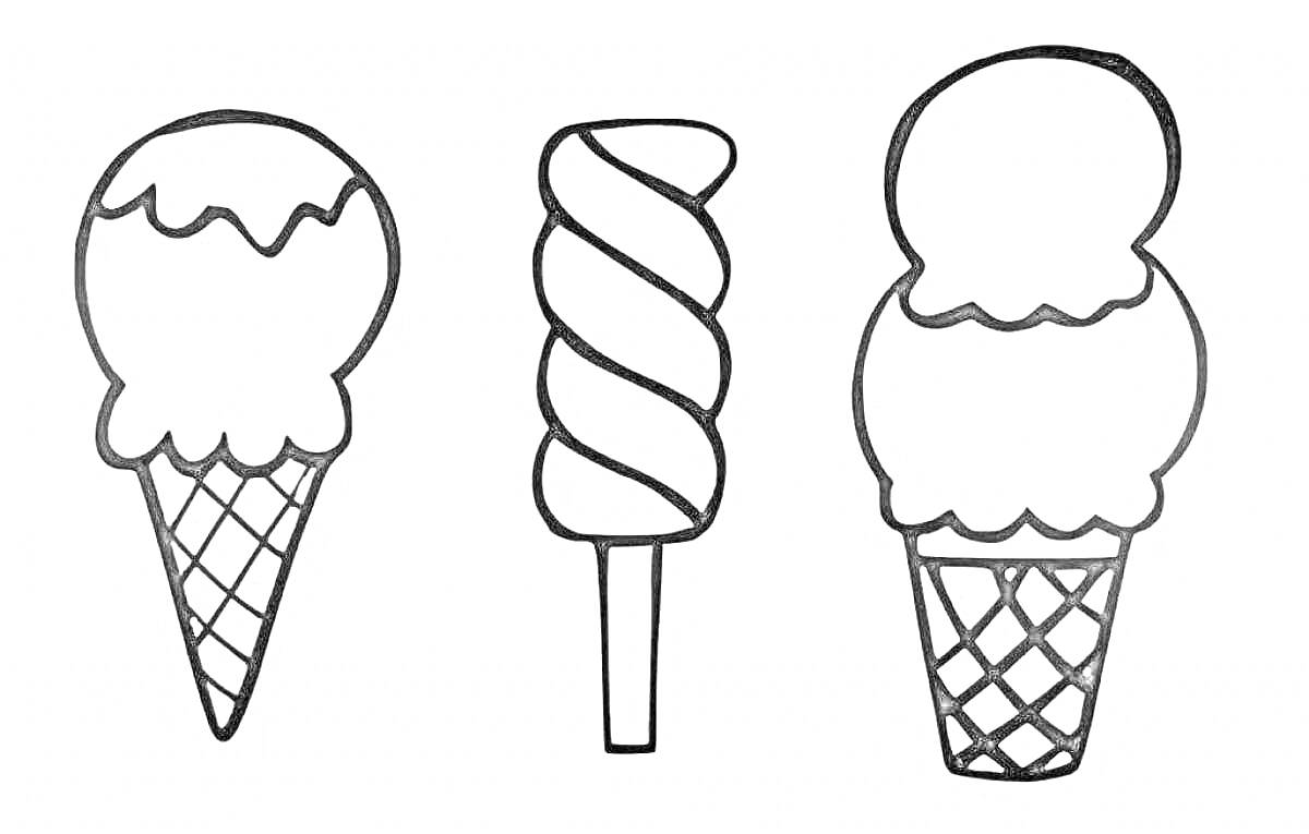 Раскраска Три вида мороженого: рожок с одним шариком, эскимо в виде спирали, рожок с двумя шариками