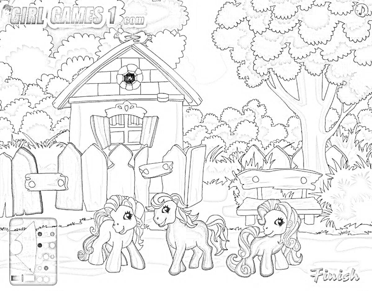Раскраска Три пони перед домом с забором, деревьями и скамейкой
