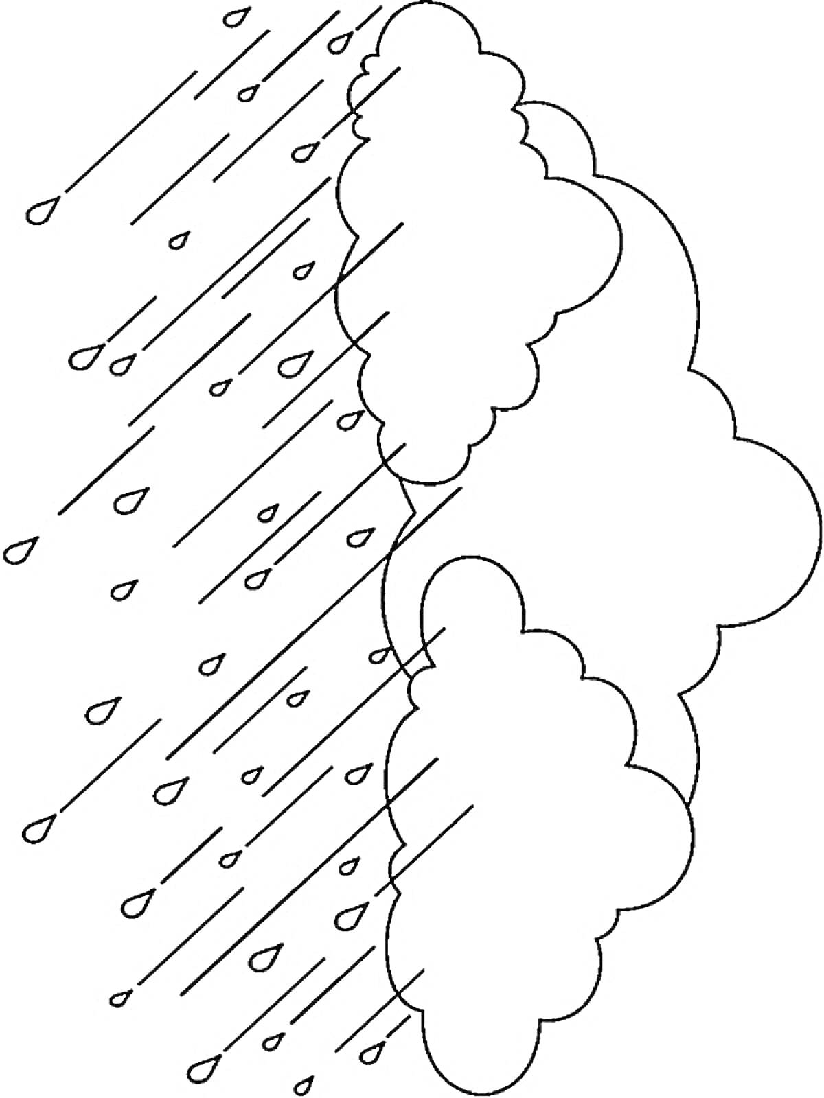 На раскраске изображено: Облака, Дождь, Капли, Молния