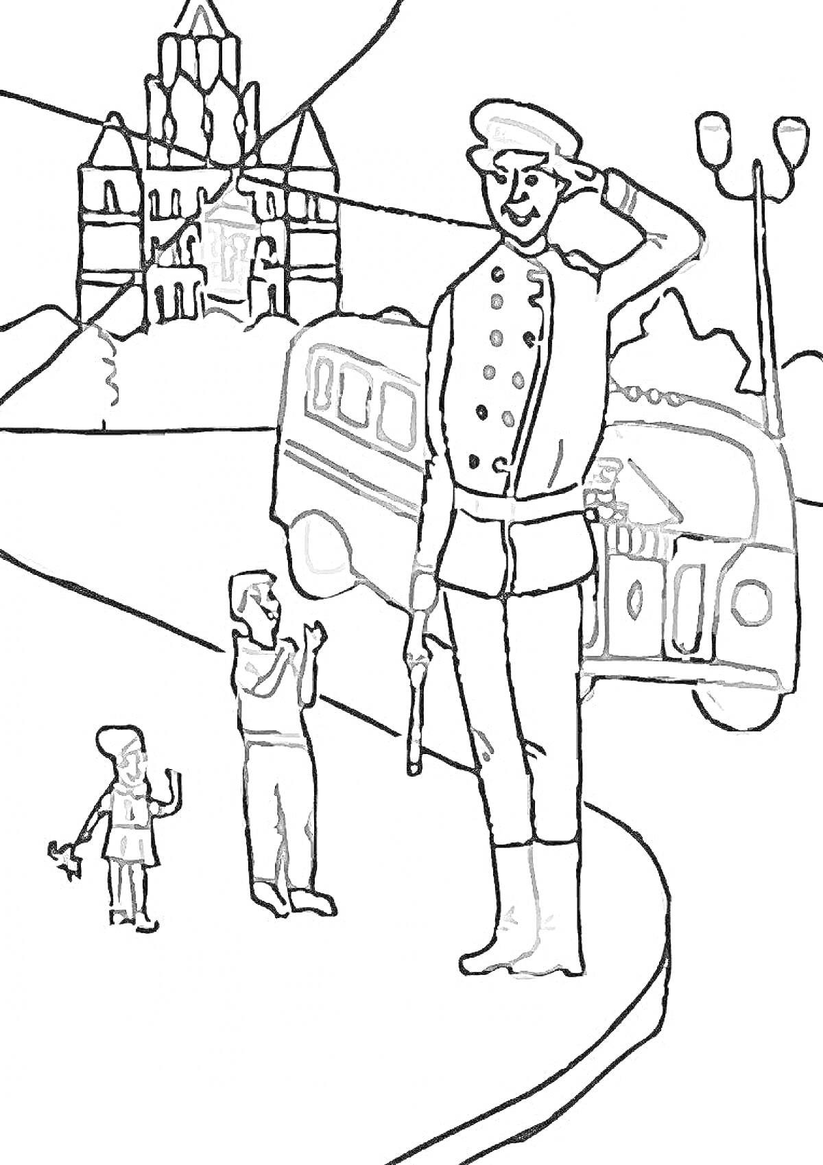 На раскраске изображено: Автобус, Мужчина, Мальчик, Здание, Башни, Транспорт, Приветствие