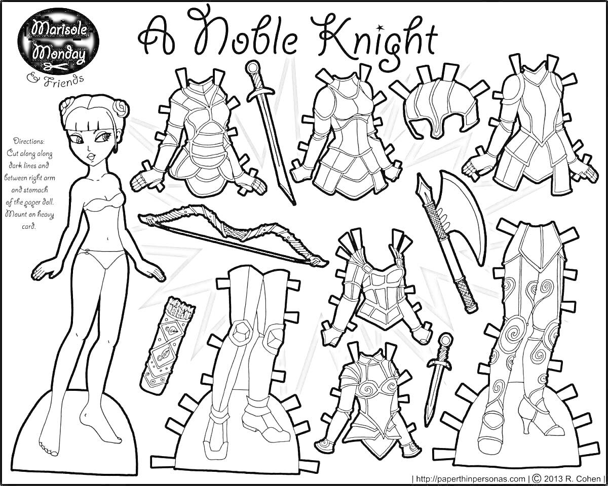 Раскраска A Noble Knight: девушка, рыцарские доспехи (3 комплекта), меч, топор, ножны для меча, сапоги, перчатки (2 пары)