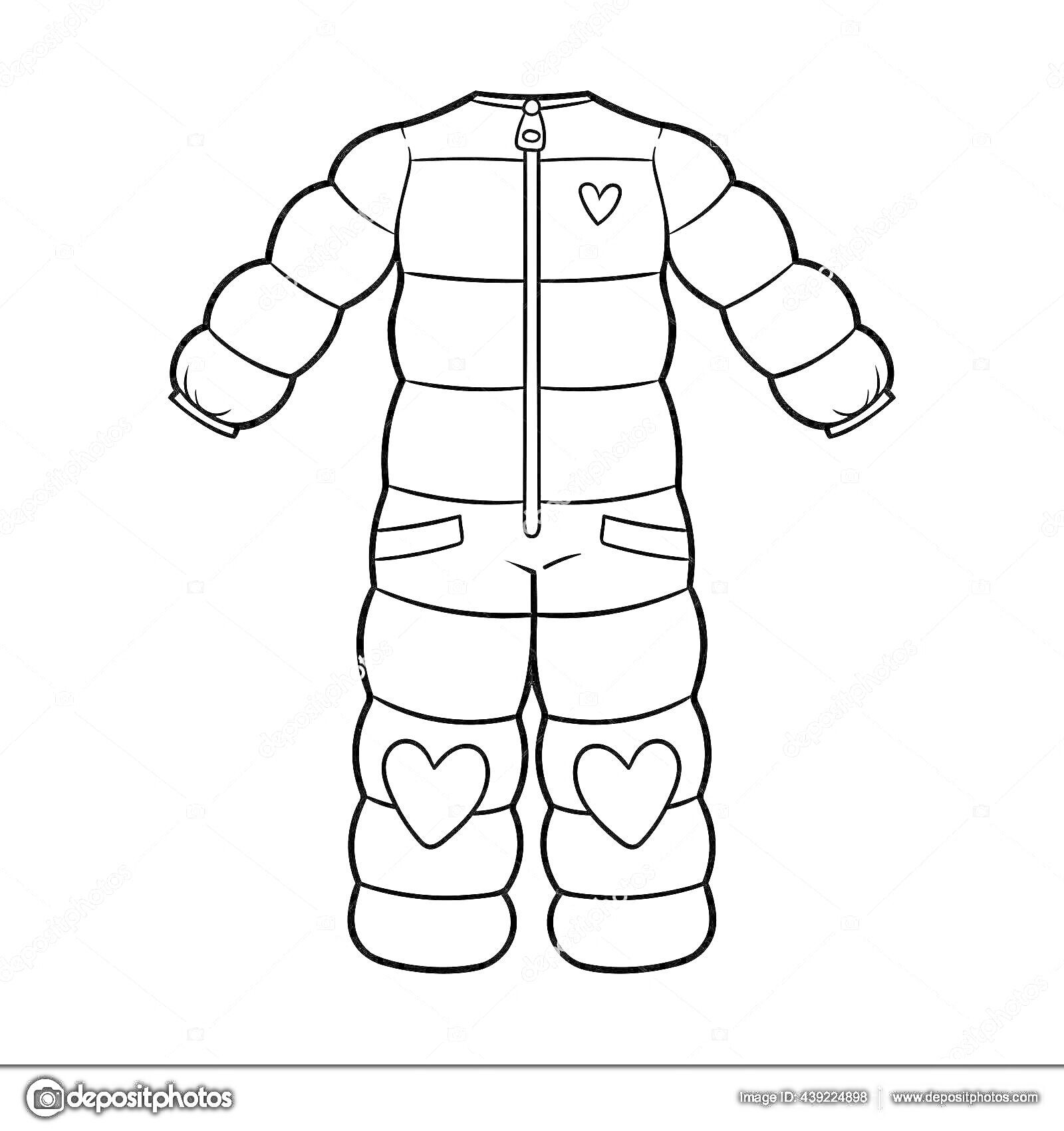 Раскраска Комбинезон с застежкой на молнии, карманами, сердцем на груди и сердцами на коленях.