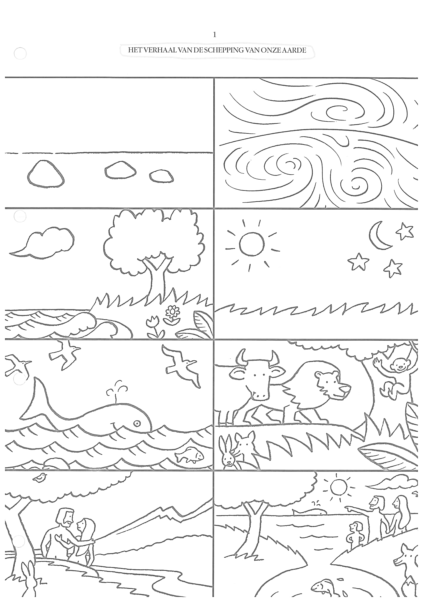 Раскраска Сотворение мира: небо с облаками и солнцем, звезды и луна, горы, деревья, рыбы, животные, люди