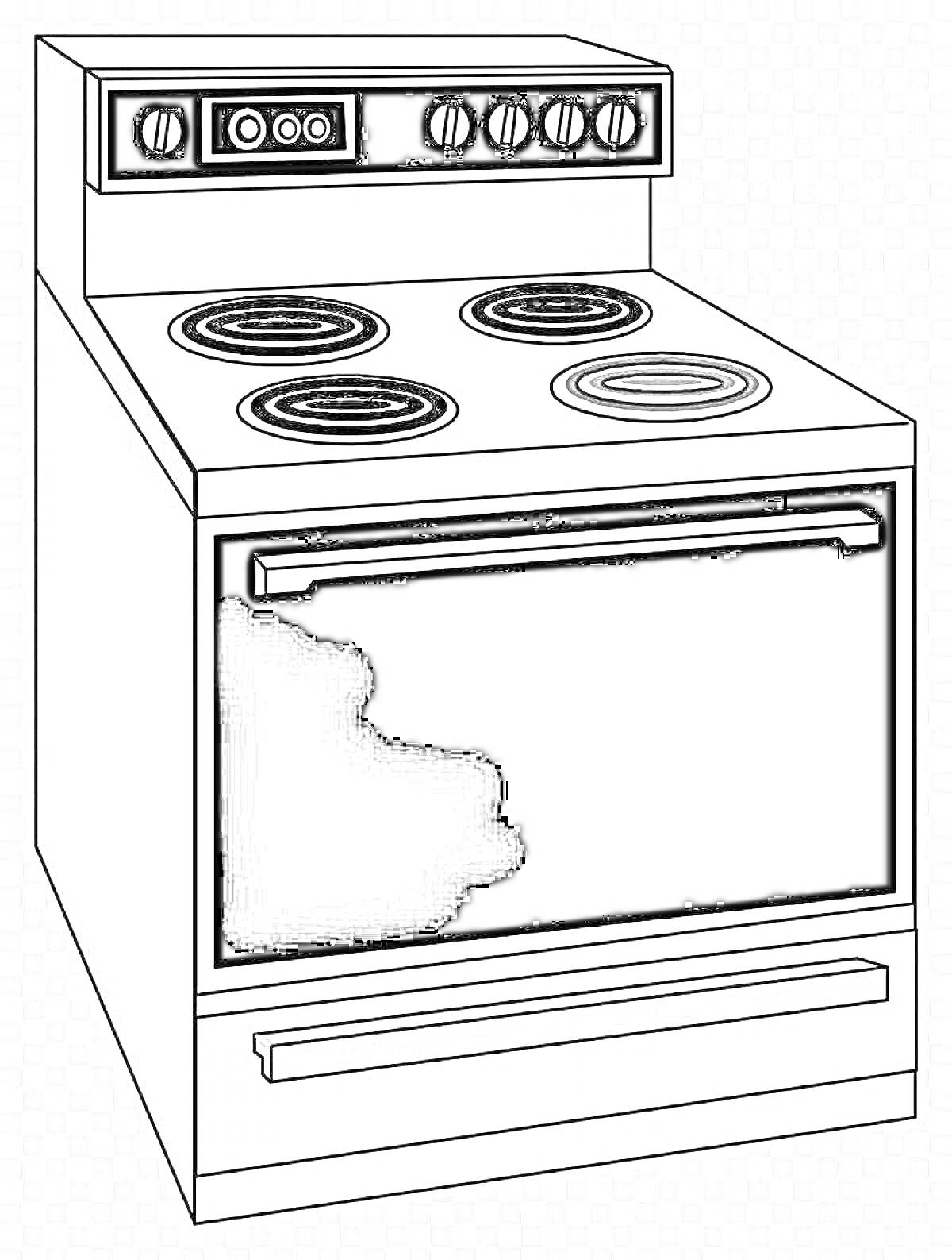 Раскраска Плита с духовкой, конфорками и панелью управления