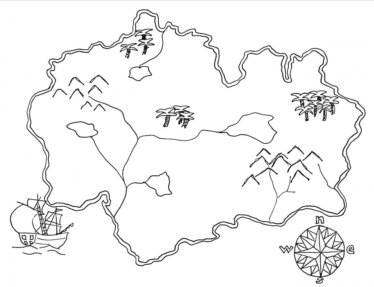 Раскраска Карта сокровищ с кораблем, горами, лесами и компасом