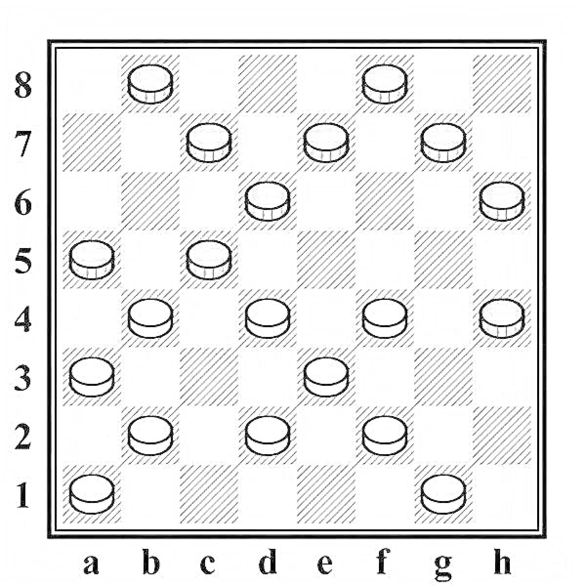 Доска для шашек с черными и белыми шашками на клетках от A1 до H8