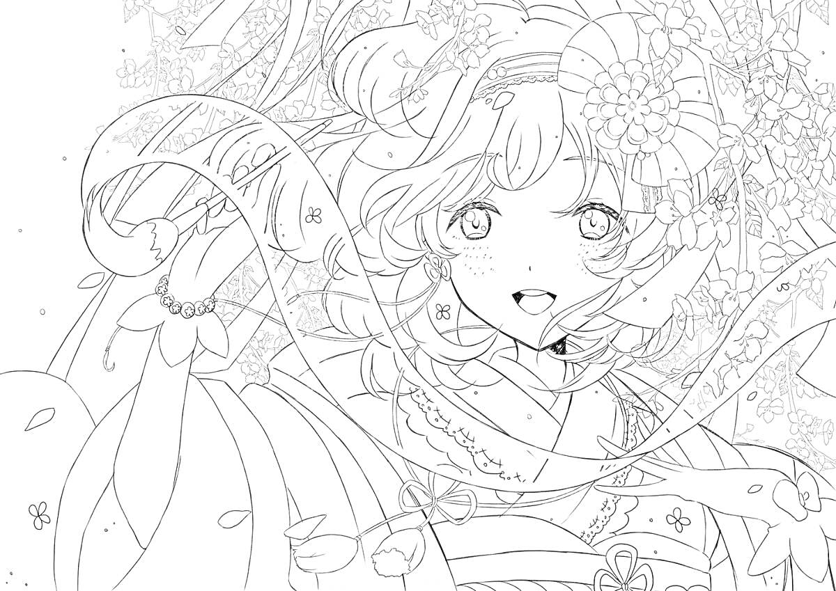 Раскраска Аниме-девушка в кимоно с цветами в волосах