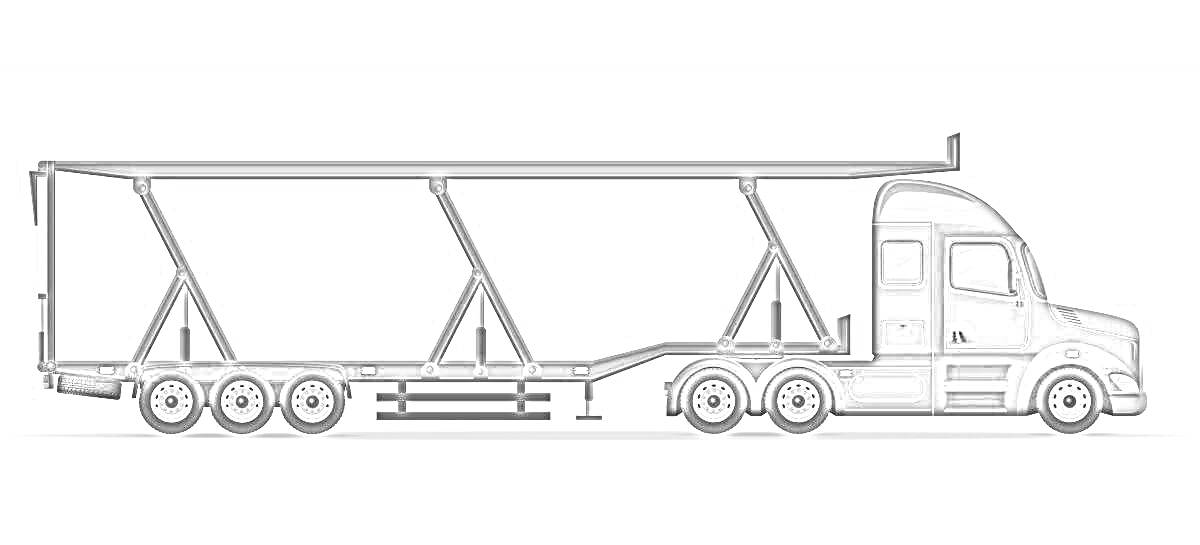 На раскраске изображено: Автовоз, Прицеп, Транспорт, Колёса, Грузовая машина, Автомобильная техника