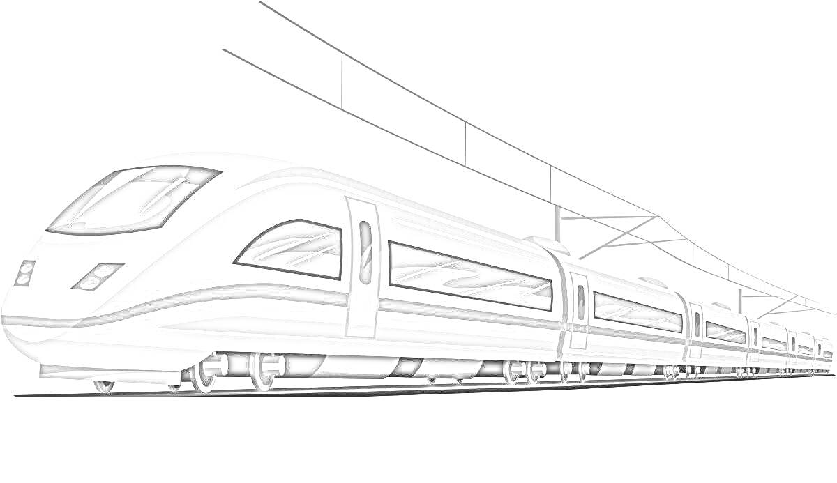 На раскраске изображено: Высокоскоростной поезд, Железнодорожный транспорт, Вагоны, Контактная сеть, Железнодорожные пути, Локомотив
