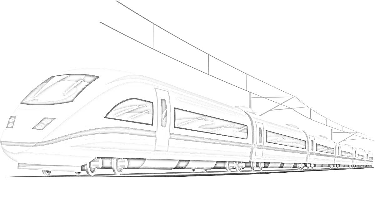 Раскраска Высокоскоростной поезд с несколькими вагонами на железнодорожных путях под контактной сетью