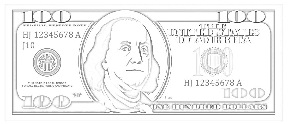 На раскраске изображено: 100 долларов, Купюра, Деньги, Валюта, США, Банкнота, Портрет, Номинал