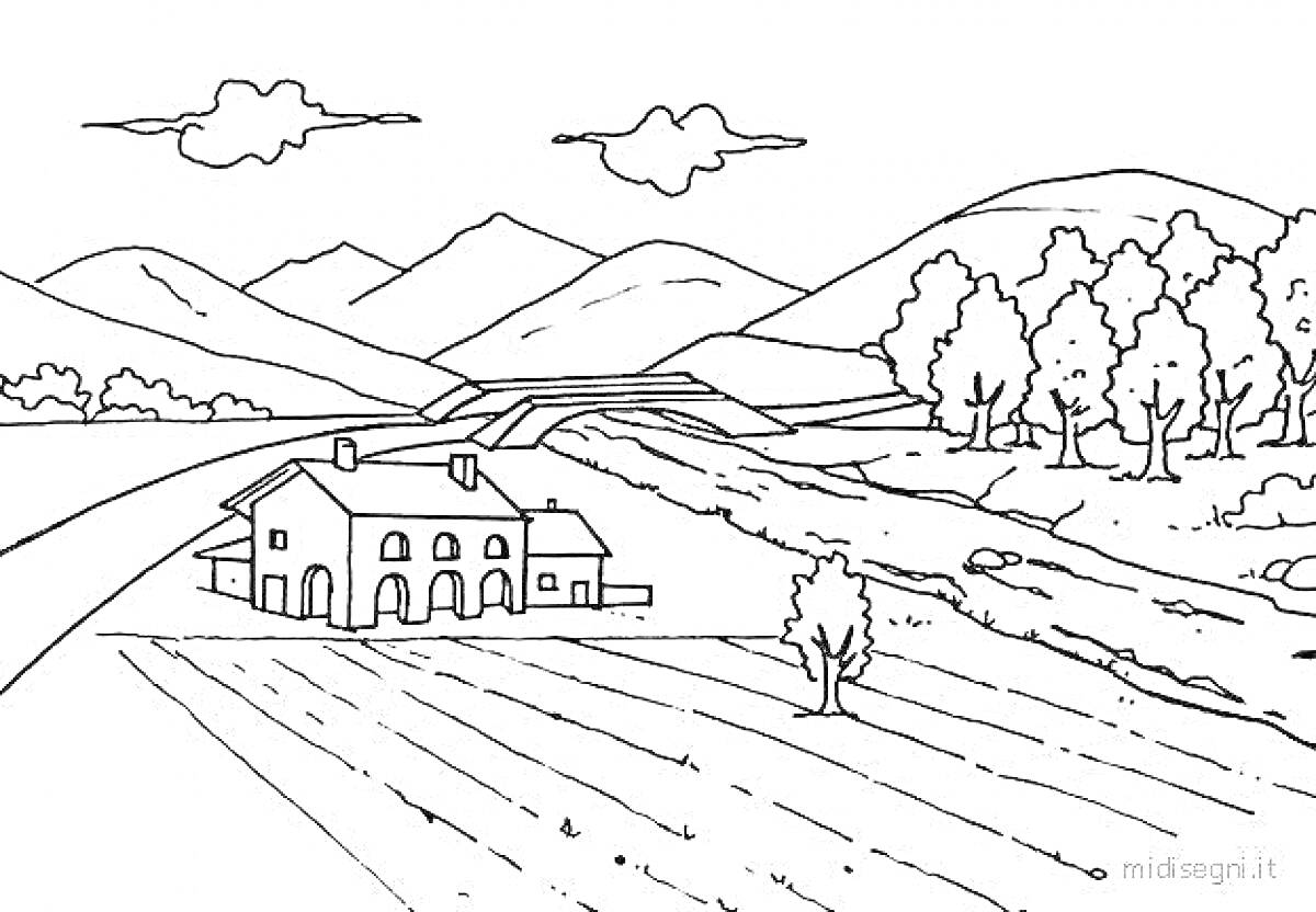 Раскраска Домик в деревне у подножия гор с полем и деревьями