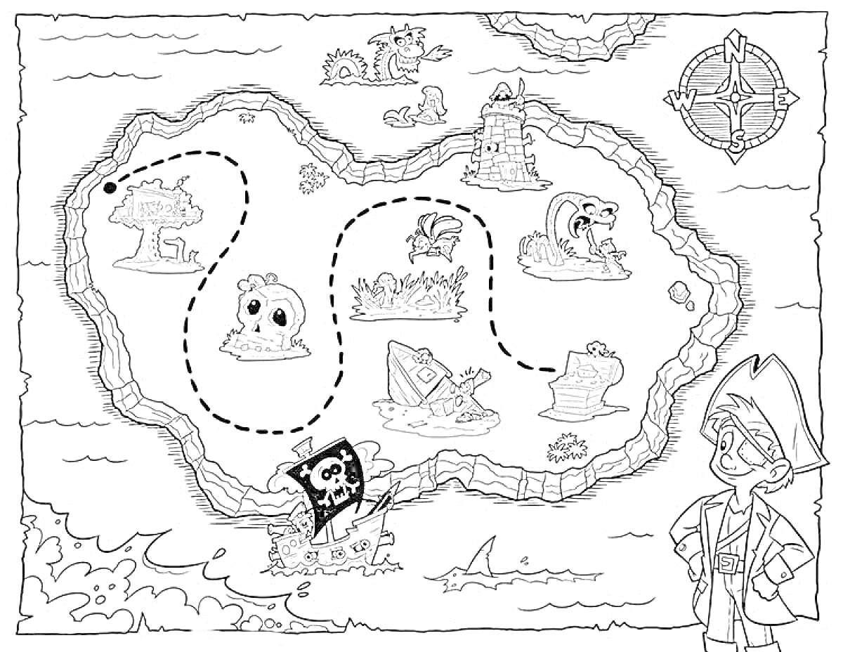 Раскраска Карта-путеводитель пирата с островом, пиратом, простым и пунктирным маршрутом, компасом и разными элементами природы
