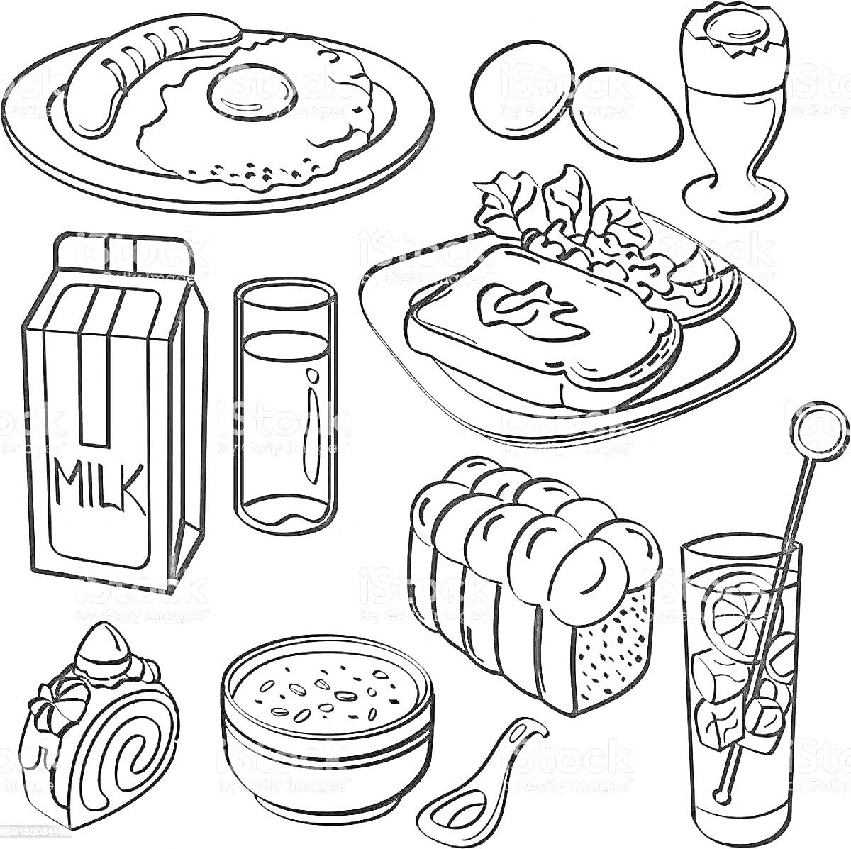 На раскраске изображено: Завтрак, Яйца, Тост, Бутерброд, Молоко, Напиток, Хлеб, Суп, Ложка, Десерты, Сосиски