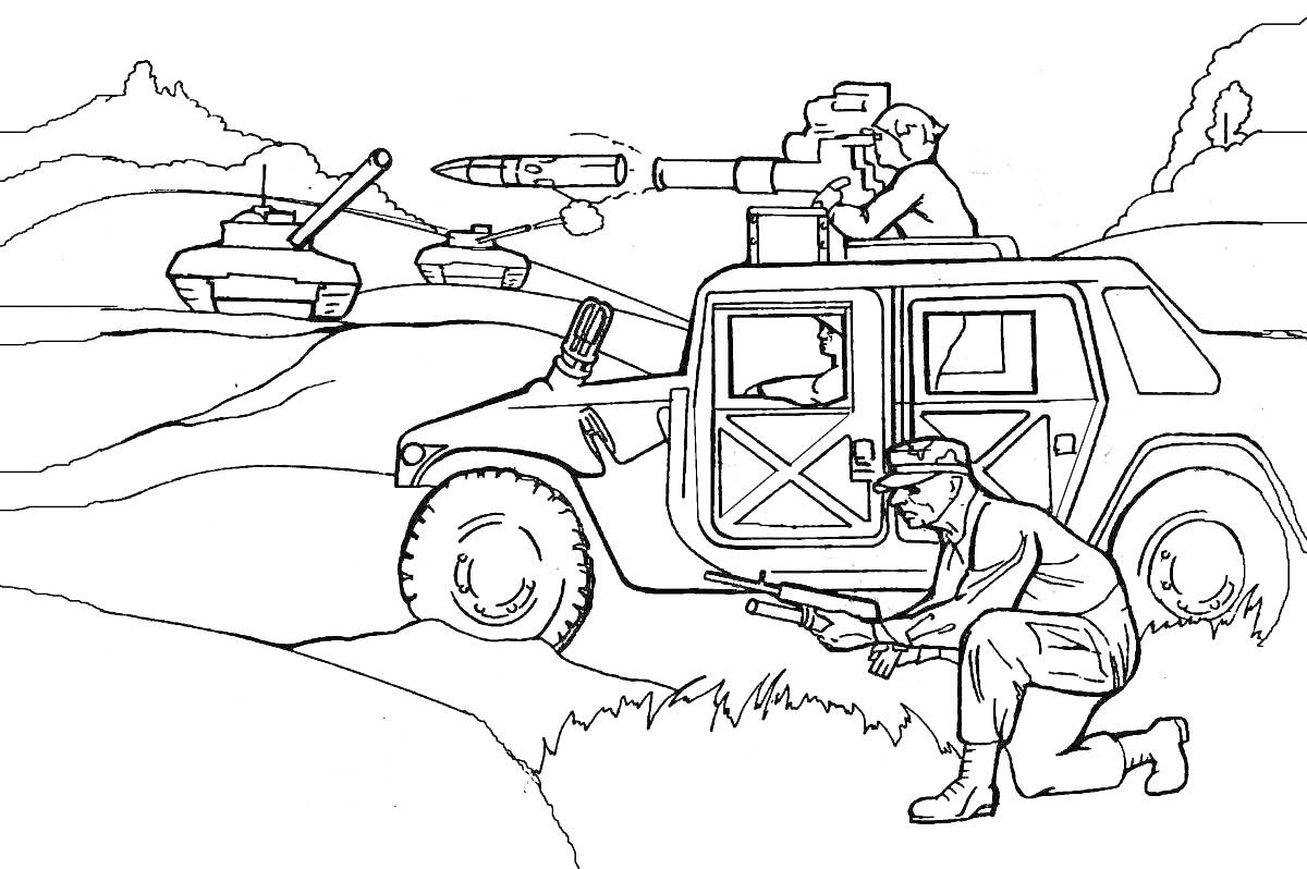 Война - танк, военный внедорожник, солдаты с оружием