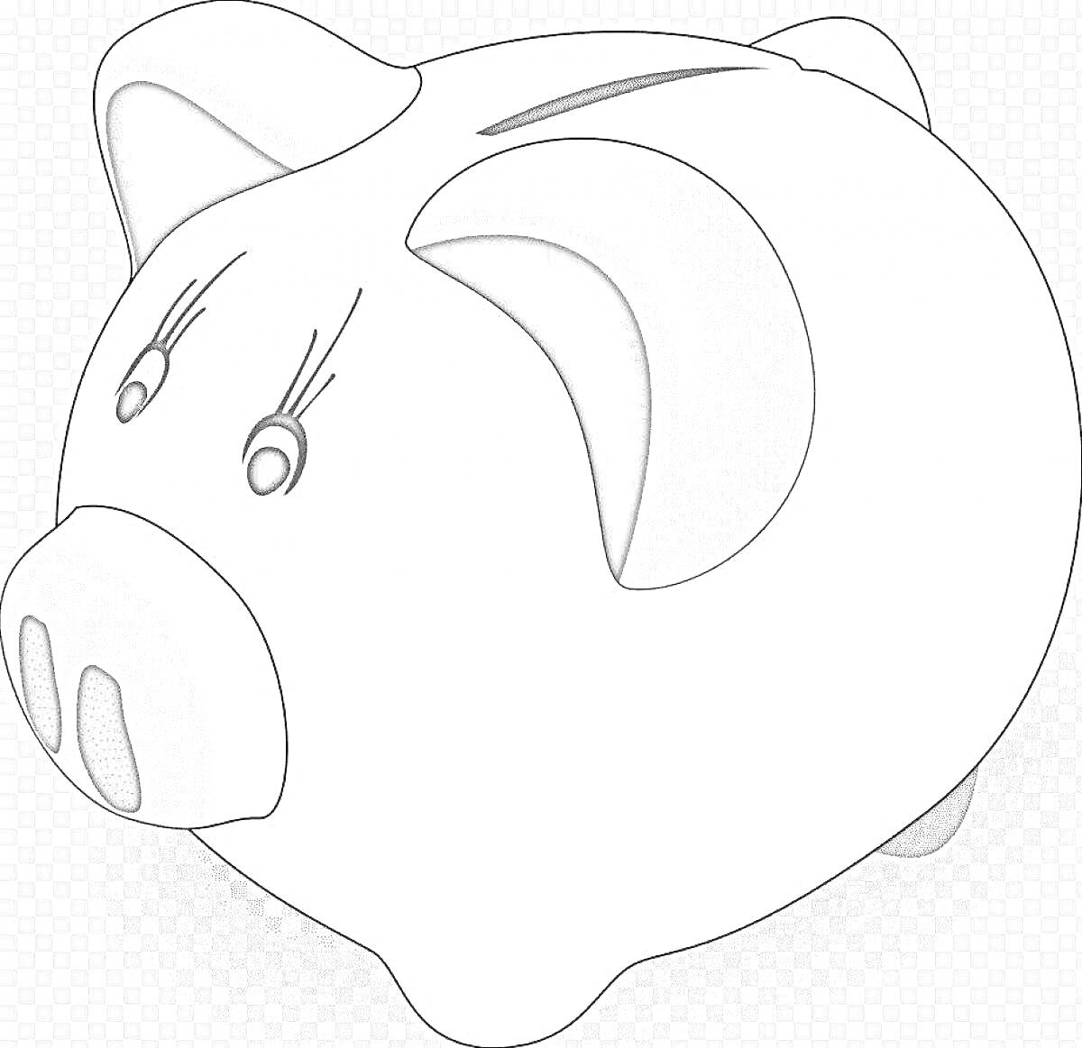 Раскраска Копилка в форме свинки с глазками и ушками, щелка для монет.