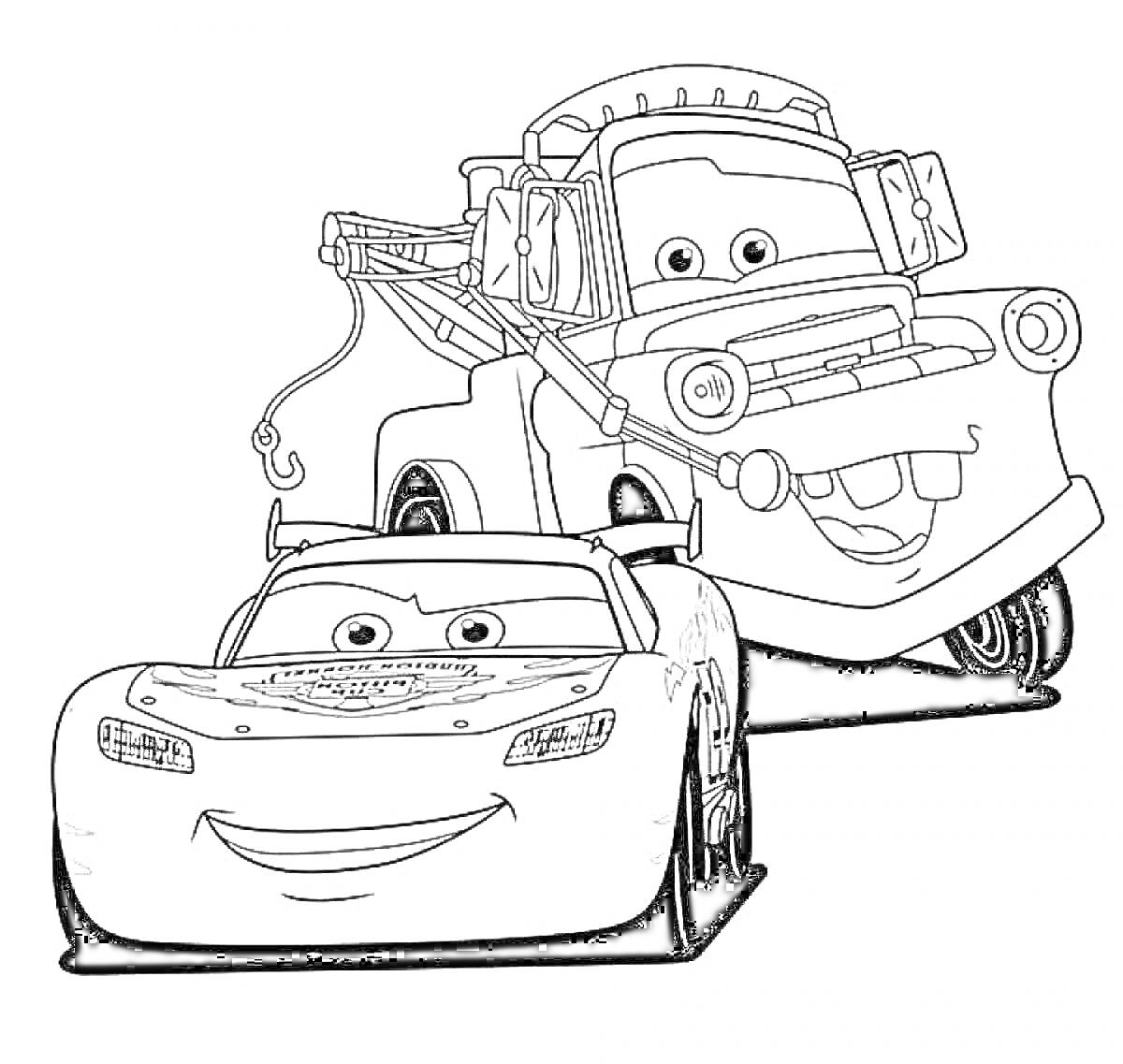 Раскраска Молния Маккуин и Мэтр, буксировочный трос, улыбающиеся машинки